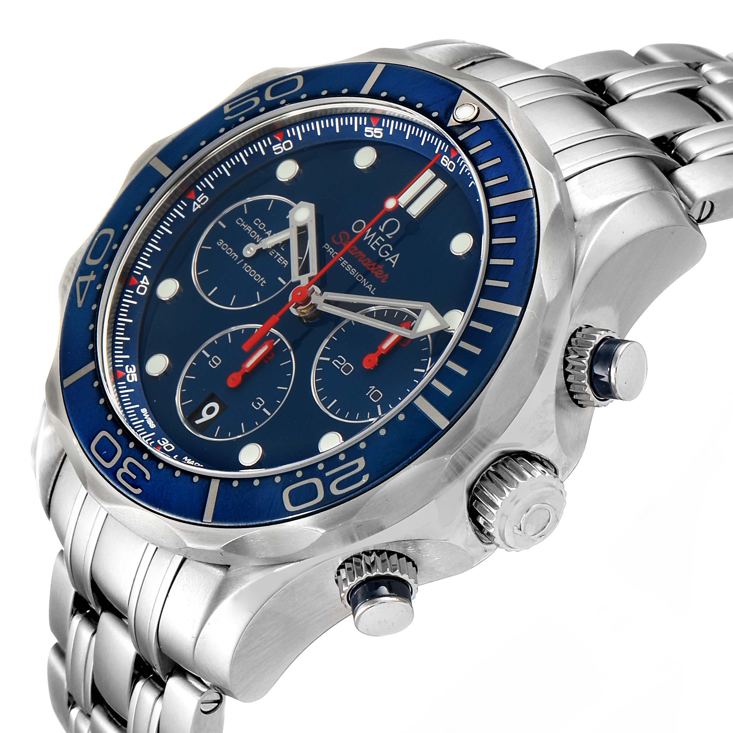The image shows an Omega Seamaster 212.30.44.50.03.001 Men's Stainless Steel Blue Dial 212.30.44.50.03.001 Men's Stainless Steel Blue Dial watch from a side angle, focusing on its dial, bezel, crown, pushers, and bracelet.