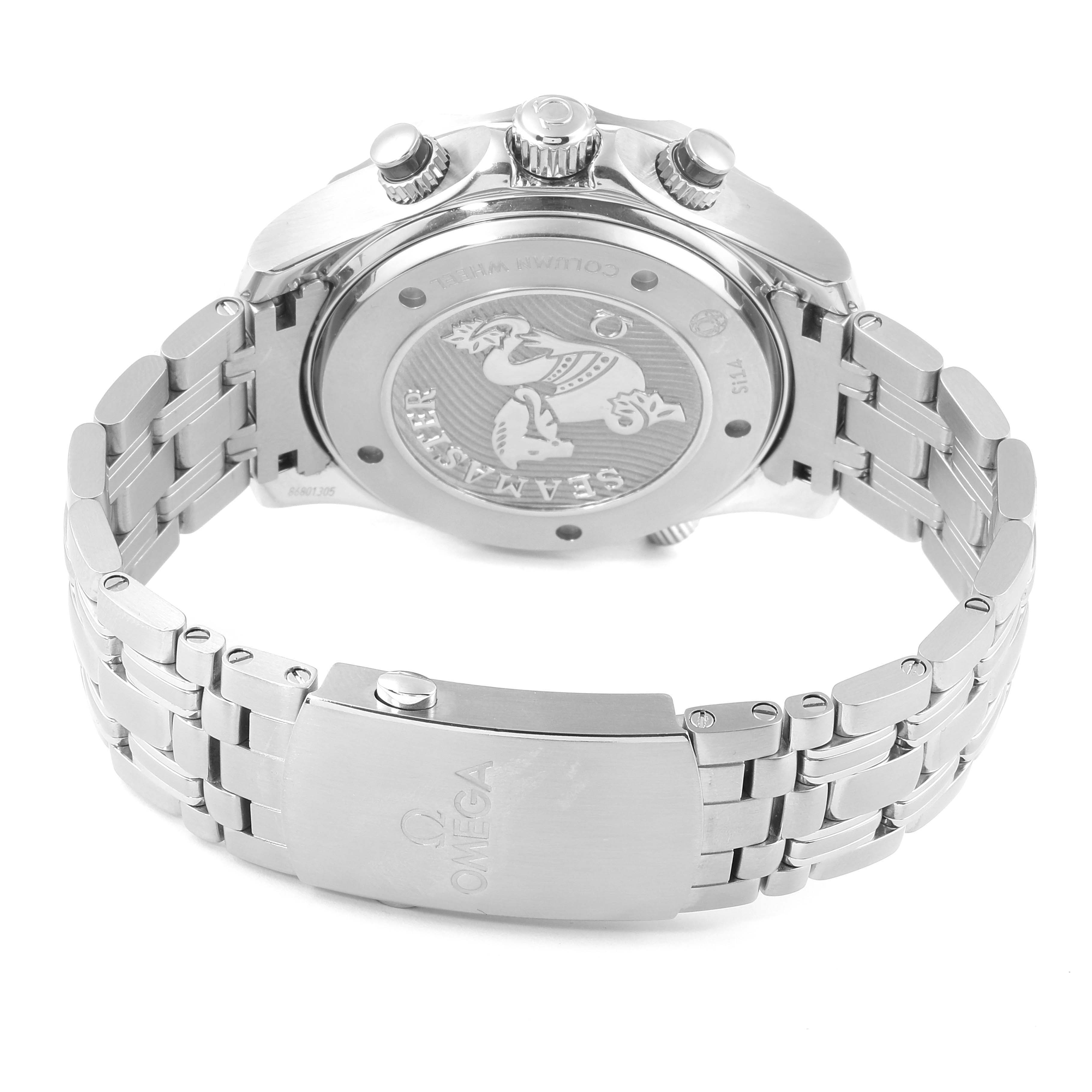 The image shows the back and bracelet of an Omega Seamaster 212.30.44.50.03.001 Men's Stainless Steel Blue Dial 212.30.44.50.03.001 Men's Stainless Steel Blue Dial watch, highlighting the branded clasp and case back engraving.