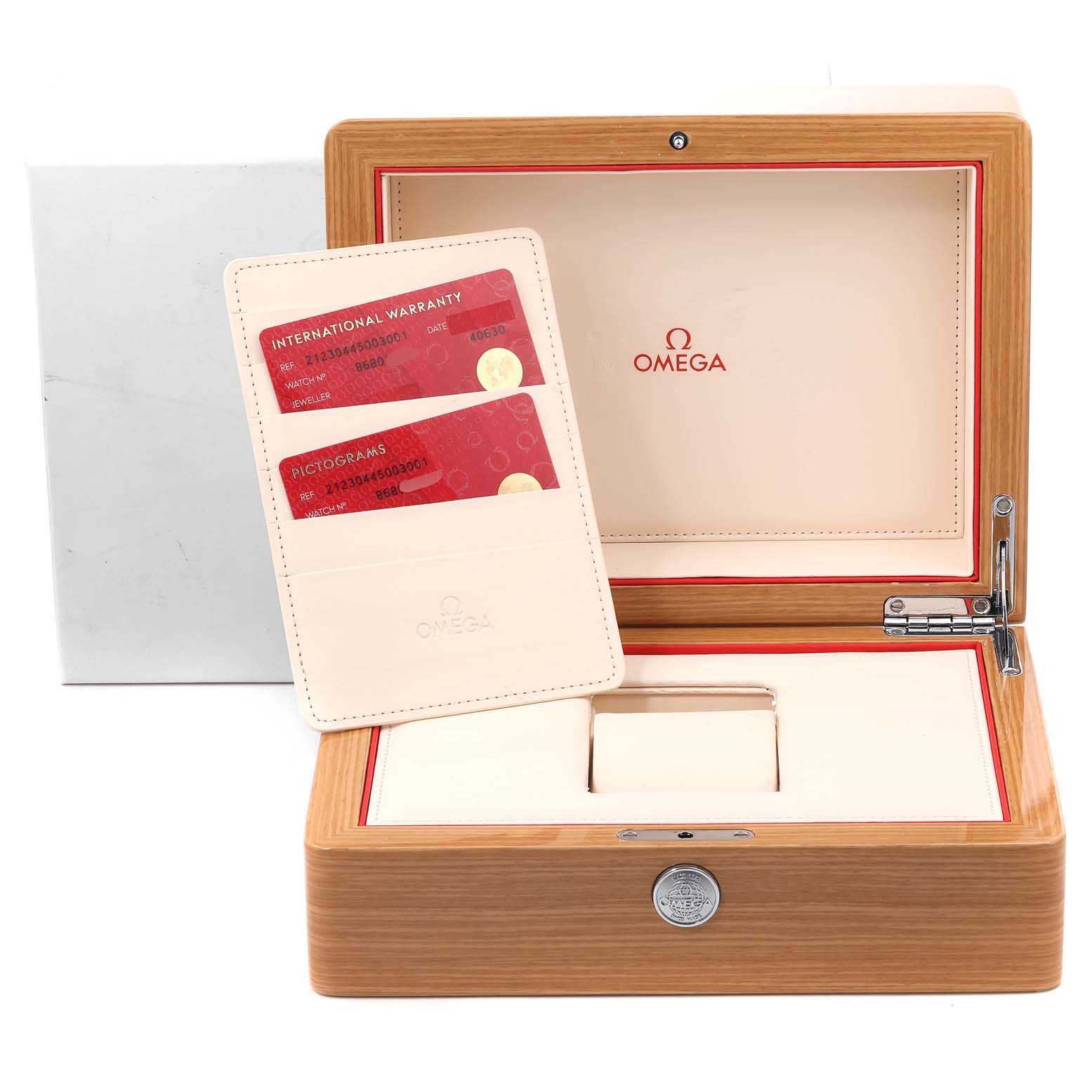 This image shows the Omega Seamaster 212.30.44.50.03.001 Men's Stainless Steel Blue Dial 212.30.44.50.03.001 Men's Stainless Steel Blue Dial watch box, an open warranty card holder, and the inner cushion of the box.