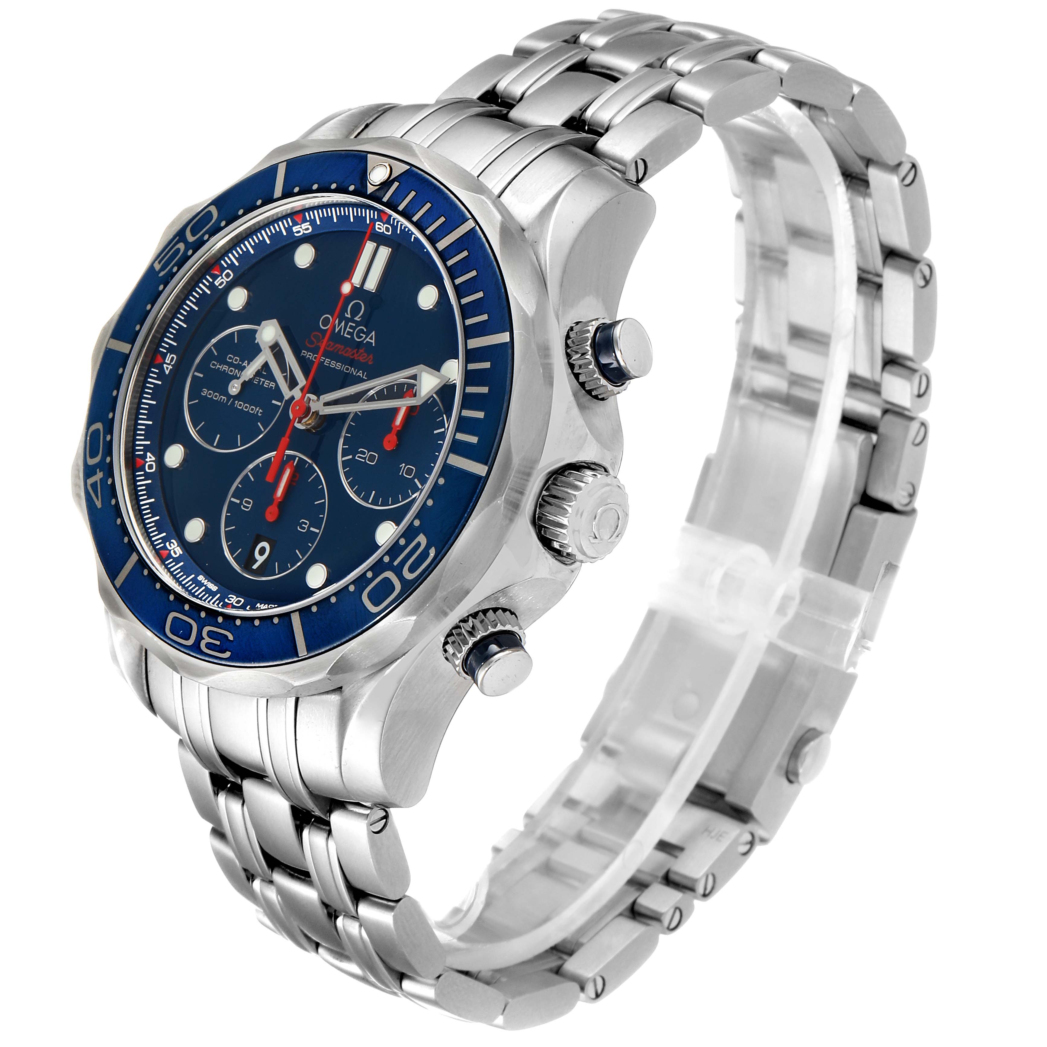 The Omega Seamaster 212.30.44.50.03.001 Men's Stainless Steel Blue Dial 212.30.44.50.03.001 Men's Stainless Steel Blue Dial watch is shown at an angle highlighting the face, bezel, crown, pushers, and bracelet.