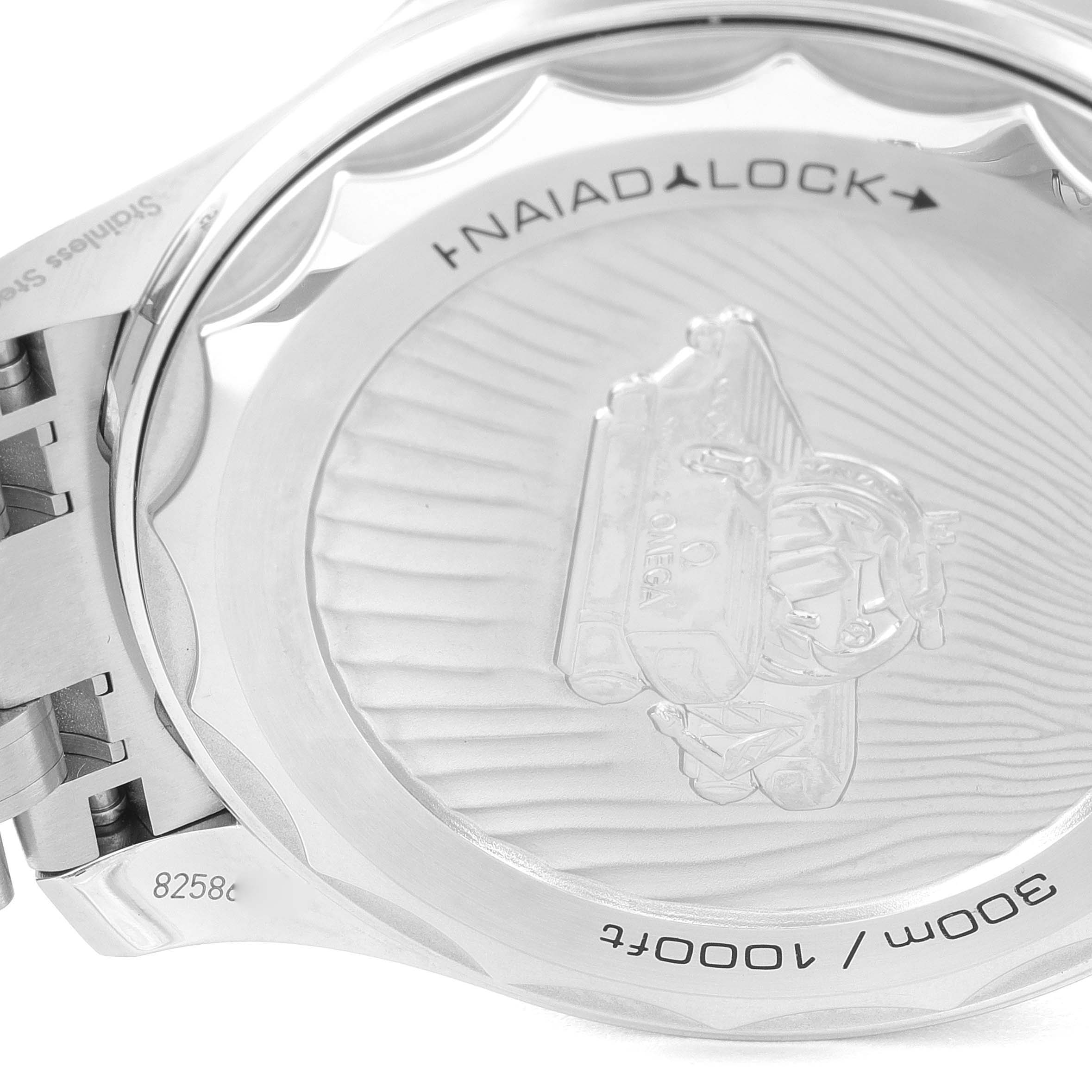 The image shows the case back of an Omega Seamaster 210.30.42.20.01.002 Men's Stainless Steel Black Dial 210.30.42.20.01.002 Men's Stainless Steel Black Dial watch, highlighting the Naiad Lock system and water resistance rating.