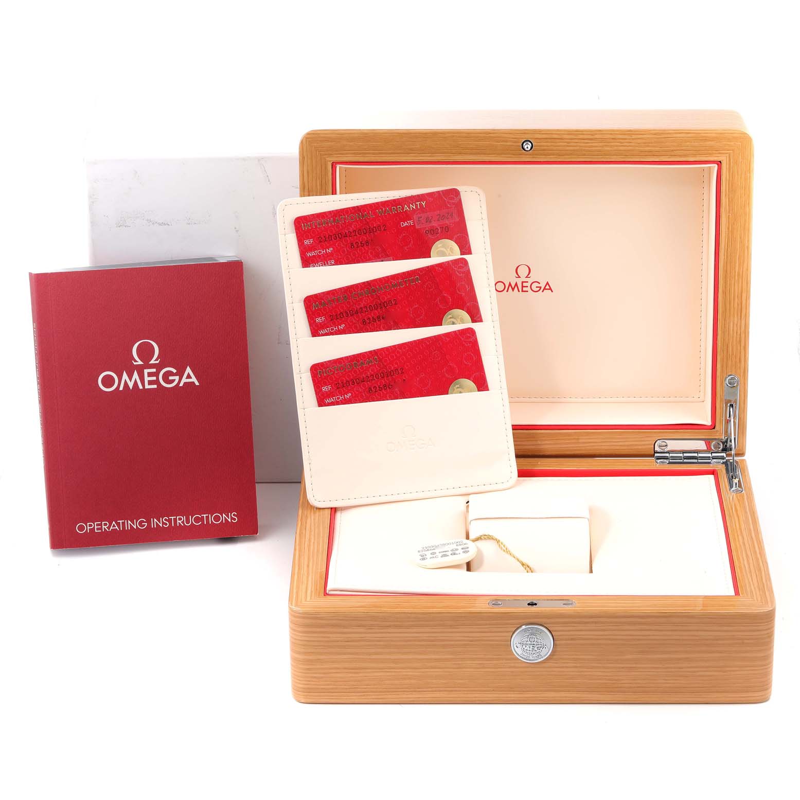 The image shows the open box and accessories for an Omega Seamaster 210.30.42.20.01.002 Men's Stainless Steel Black Dial 210.30.42.20.01.002 Men's Stainless Steel Black Dial watch, including operating instructions and warranty cards.