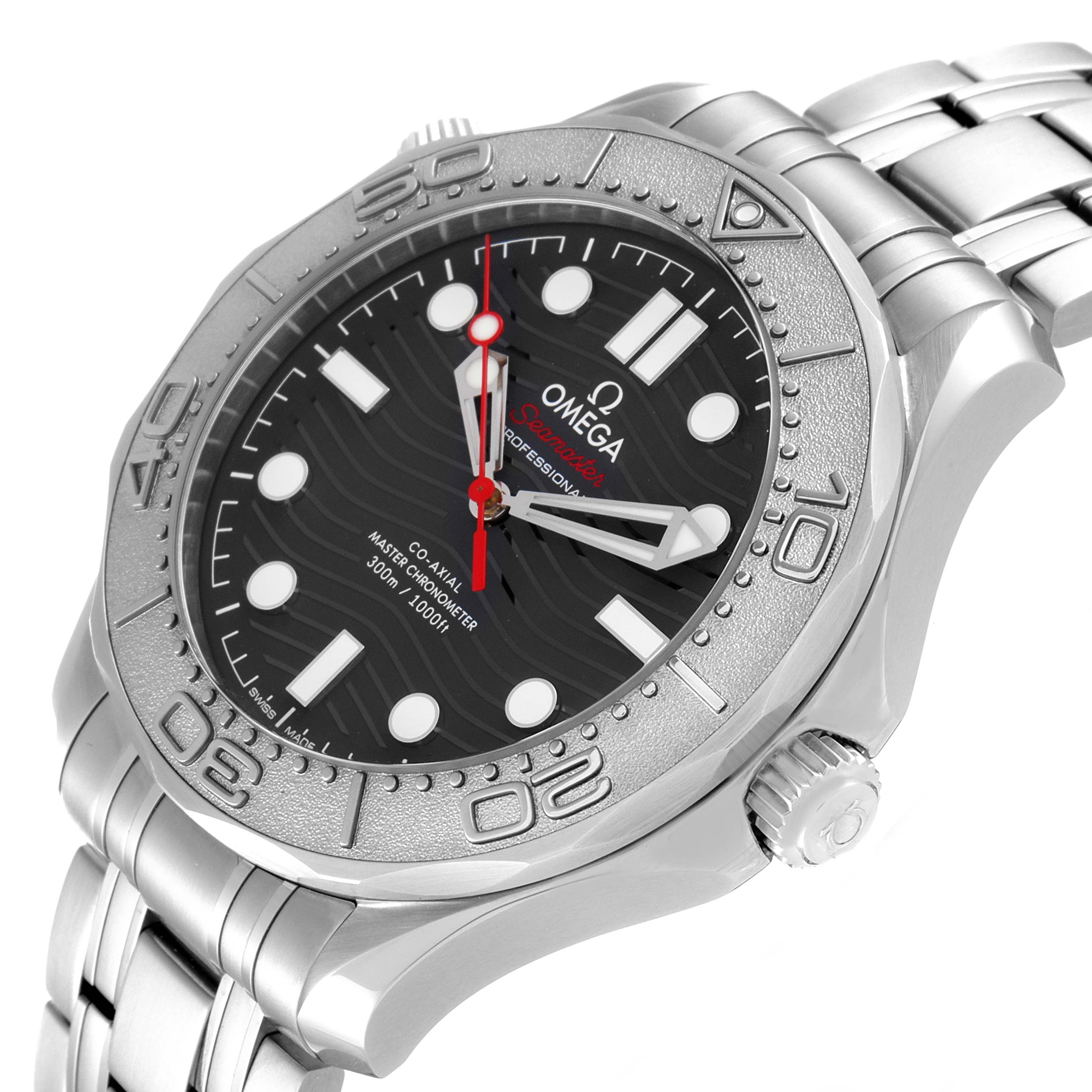 The Omega Seamaster 210.30.42.20.01.002 Men's Stainless Steel Black Dial 210.30.42.20.01.002 Men's Stainless Steel Black Dial watch is shown from a three-quarter angle, highlighting its face, bezel, and bracelet.