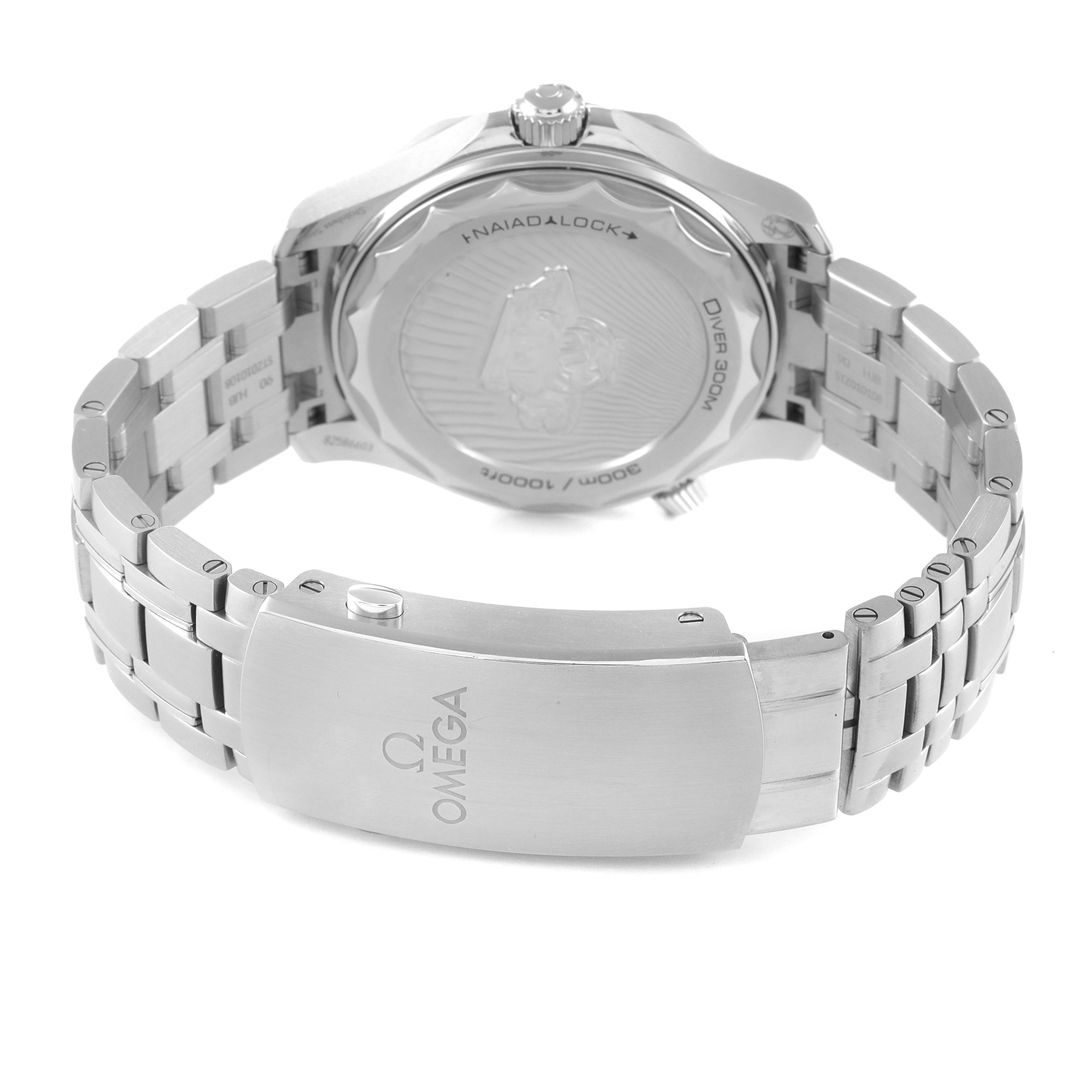 The image shows the back view of the Omega Seamaster 210.30.42.20.01.002 Men's Stainless Steel Black Dial 210.30.42.20.01.002 Men's Stainless Steel Black Dial watch, highlighting its case back, bracelet, and clasp.