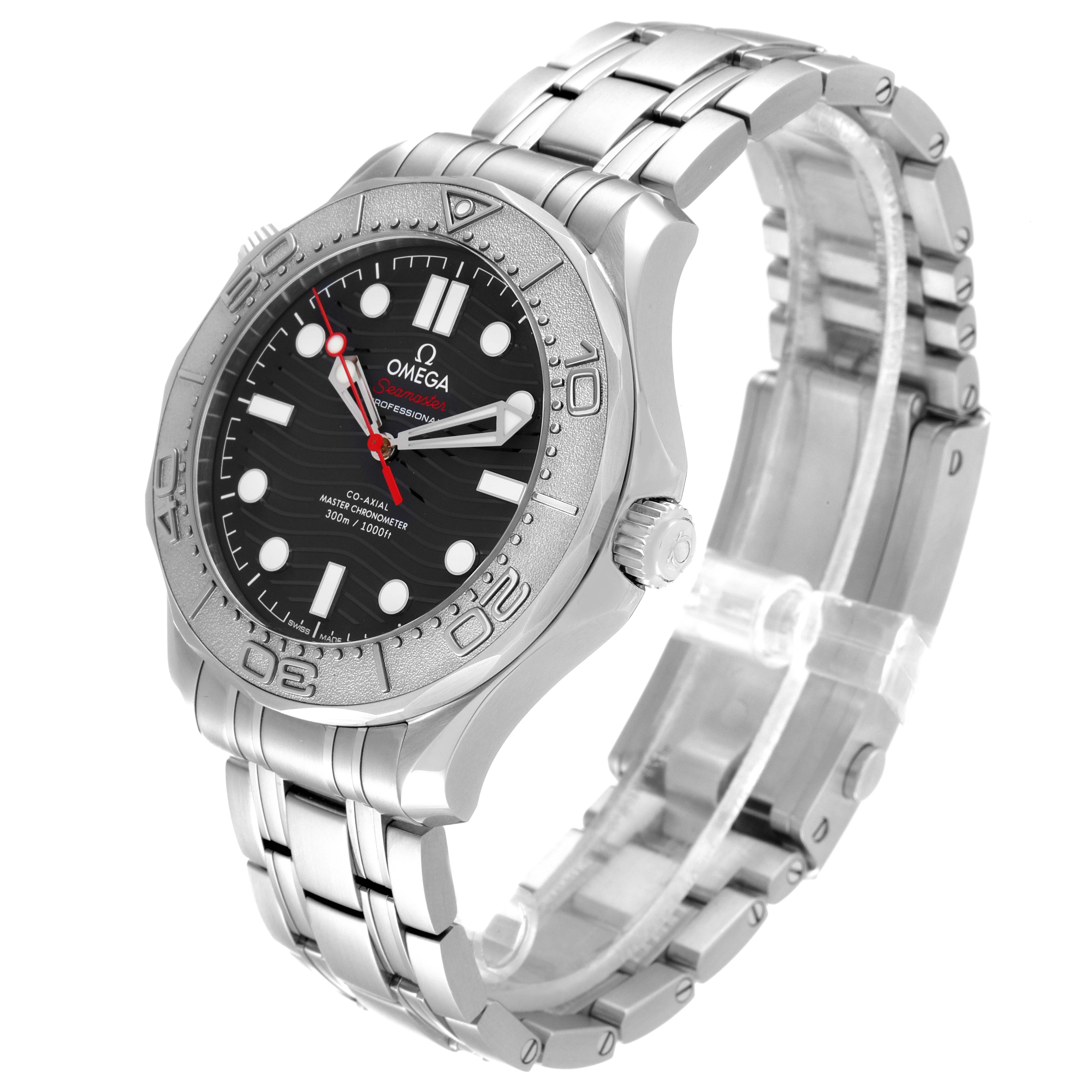 The image shows an angled side view of the Omega Seamaster 210.30.42.20.01.002 Men's Stainless Steel Black Dial 210.30.42.20.01.002 Men's Stainless Steel Black Dial watch, highlighting the dial, bezel, and bracelet.