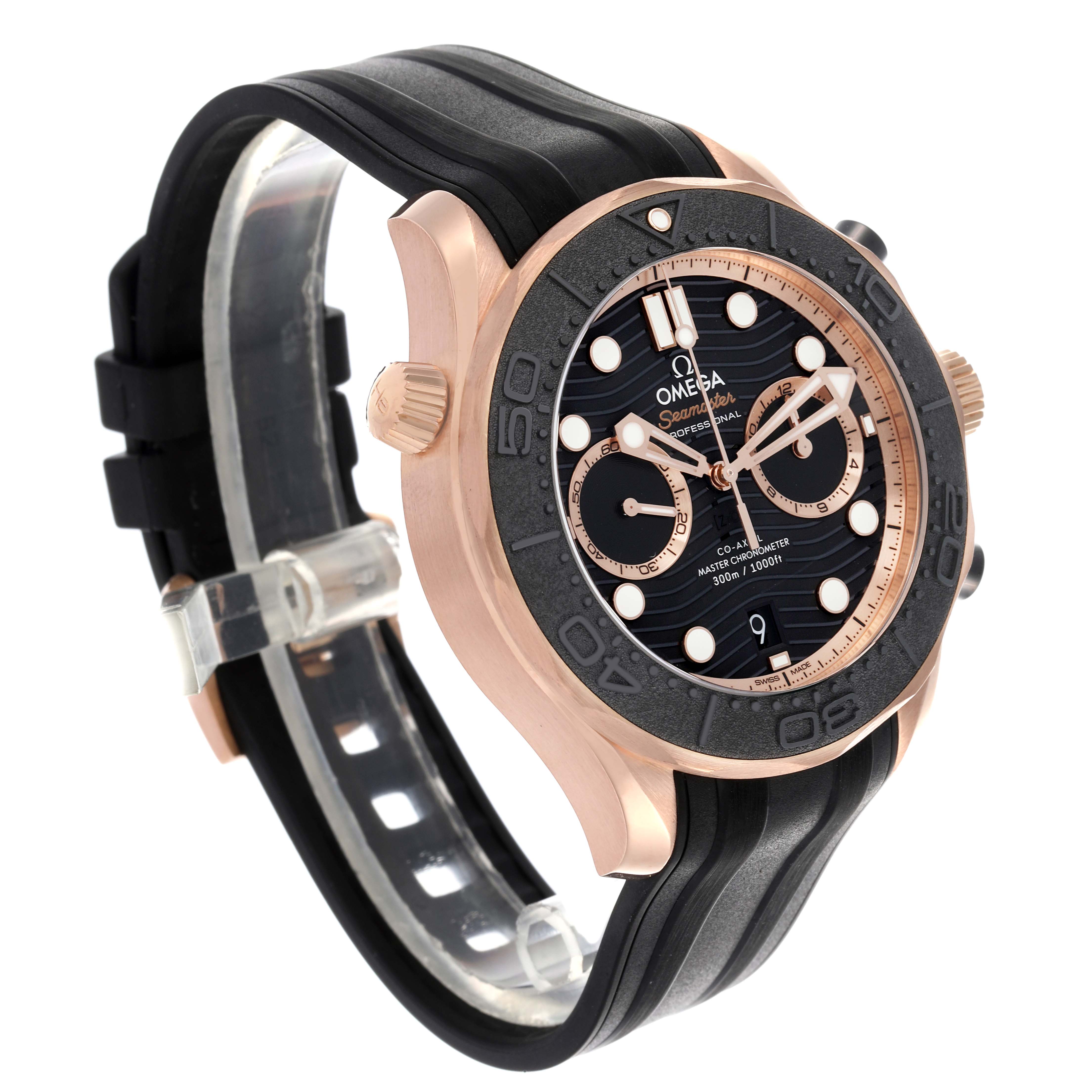 The Omega Seamaster 210.62.44.51.01.001 Men
s Rose Gold Black Dial 210.62.44.51.01.001 Men
s Rose Gold Black Dial is shown at a slight angle, highlighting the case, bezel, dial, pushers, and rubber strap.