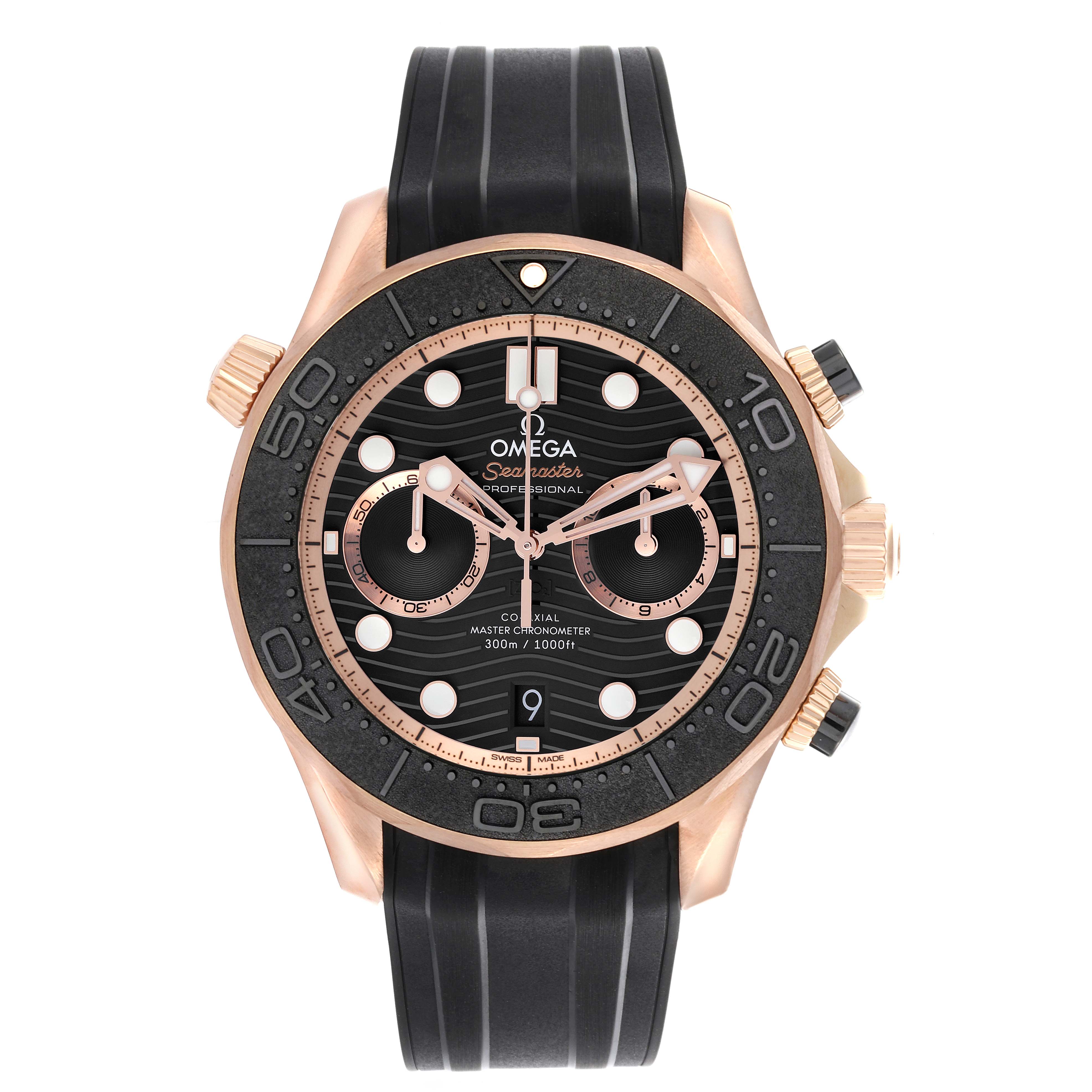 The Omega Seamaster 210.62.44.51.01.001 Men
s Rose Gold Black Dial 210.62.44.51.01.001 Men
s Rose Gold Black Dial watch is shown from the front, highlighting its face, bezel, and straps.
