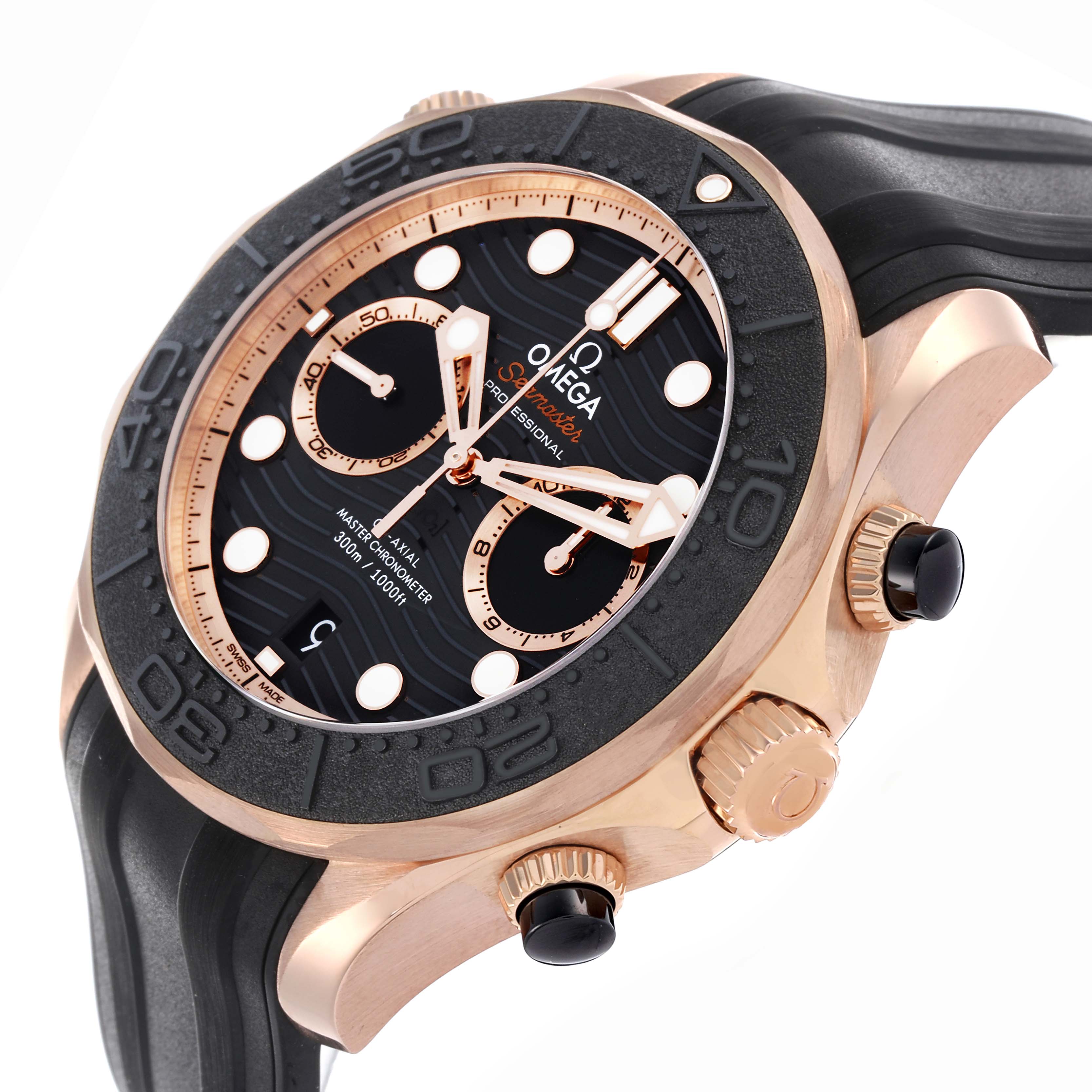 The Omega Seamaster 210.62.44.51.01.001 Men
s Rose Gold Black Dial 210.62.44.51.01.001 Men
s Rose Gold Black Dial watch is shown at an angled side view, highlighting the bezel, dial, and crown.