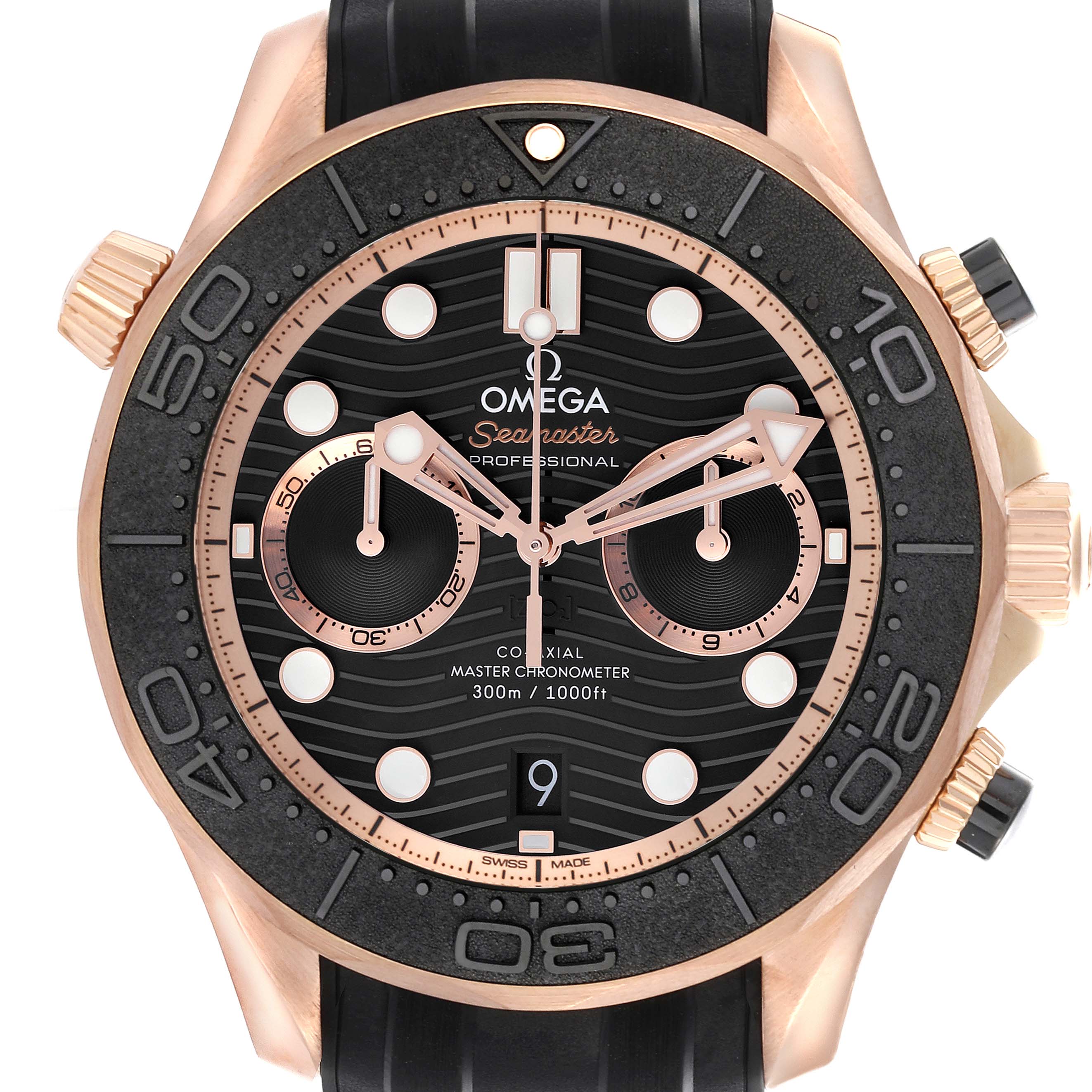 The Omega Seamaster 210.62.44.51.01.001 Men
s Rose Gold Black Dial 210.62.44.51.01.001 Men
s Rose Gold Black Dial watch is shown from a front angle, highlighting the dial, bezel, and strap attachments.