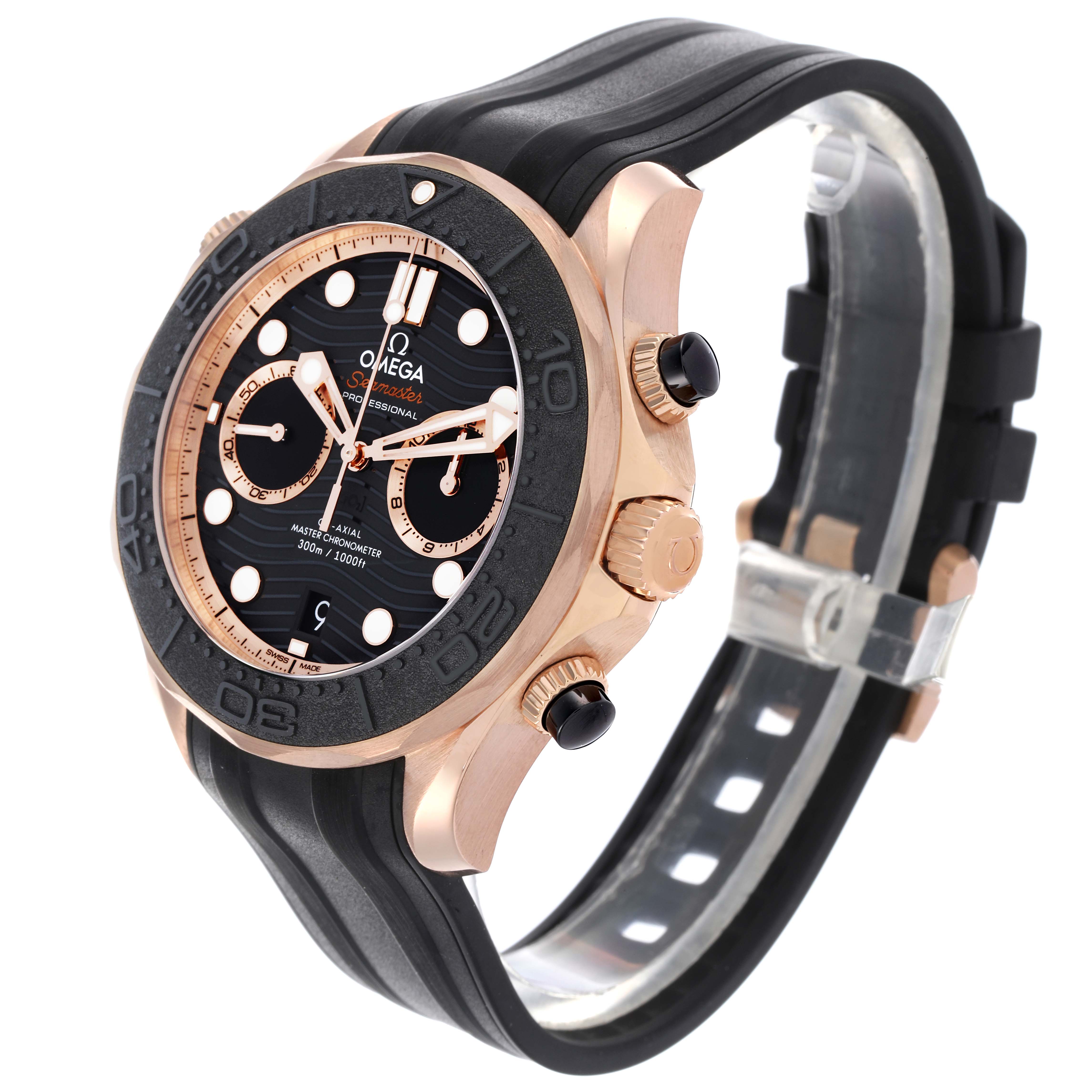 The Omega Seamaster 210.62.44.51.01.001 Men
s Rose Gold Black Dial 210.62.44.51.01.001 Men
s Rose Gold Black Dial watch is shown in a three-quarter angle, highlighting the face, bezel, crown, and strap.