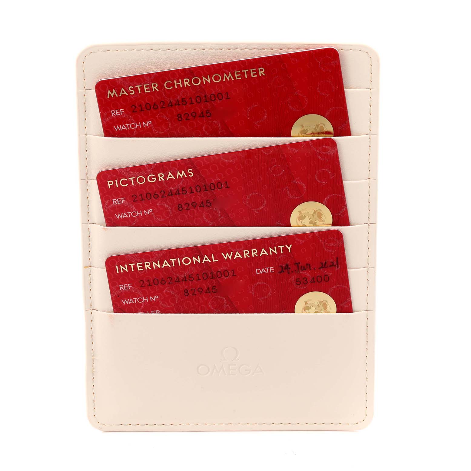 The image shows the warranty and chronometer cards for the Omega Seamaster 210.62.44.51.01.001 Men
s Rose Gold Black Dial 210.62.44.51.01.001 Men
s Rose Gold Black Dial, displayed in a cream cardholder.