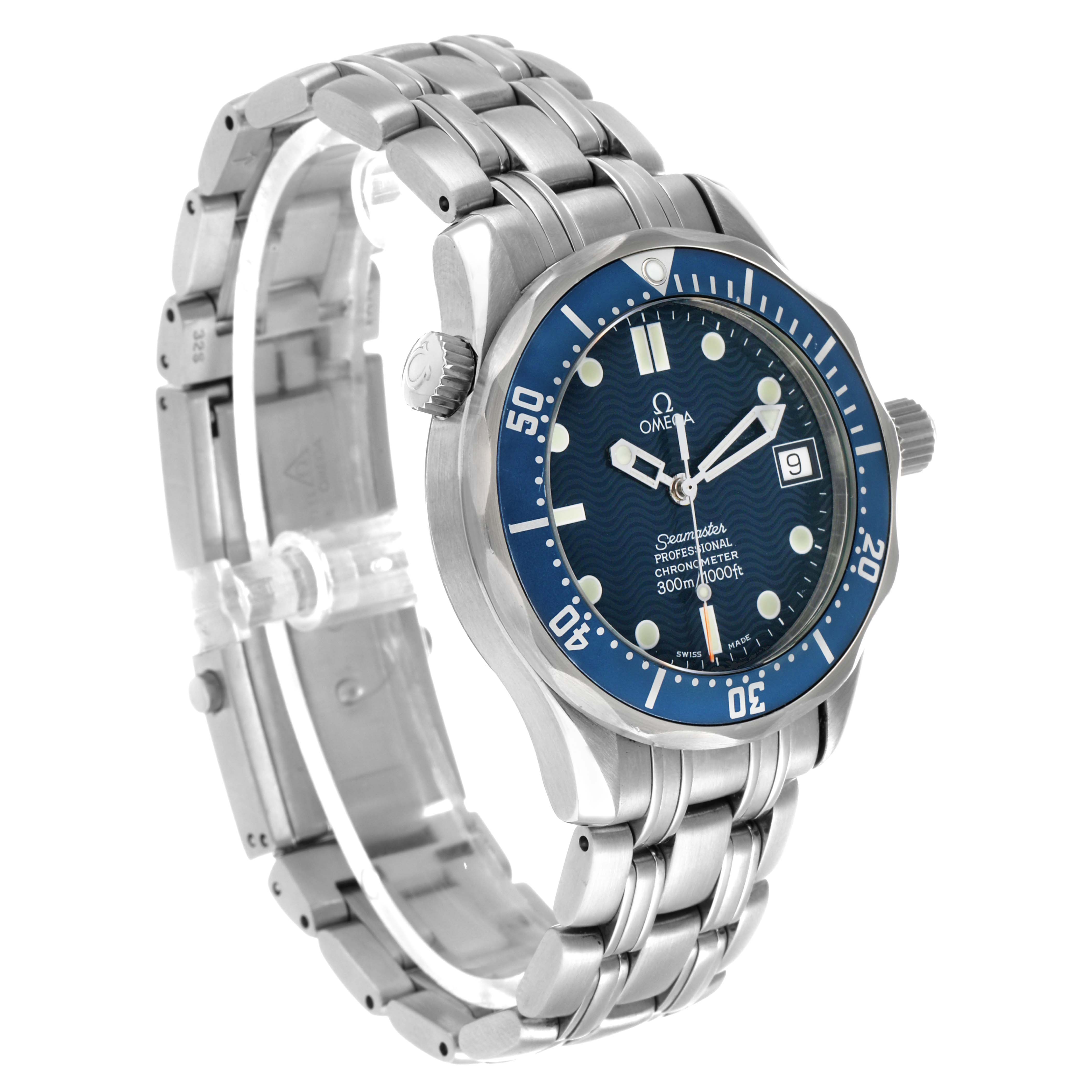 The Omega Seamaster 2551.80.00 Men's Stainless Steel Blue Dial watch is shown at an angle highlighting its face, bezel, crown, and bracelet.