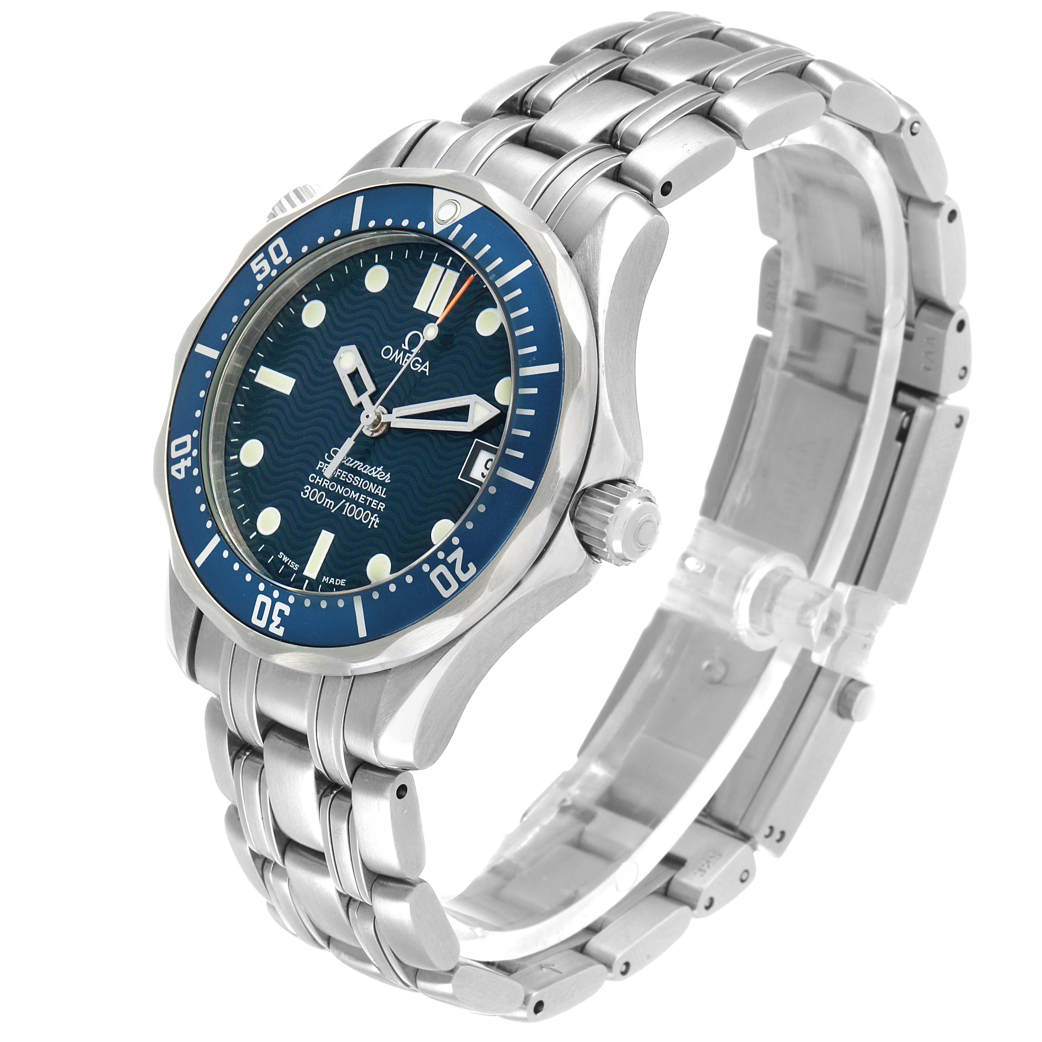 The Omega Seamaster 2551.80.00 Men's Stainless Steel Blue Dial watch is shown at a three-quarter angle, displaying the face, bezel, crown, and bracelet.