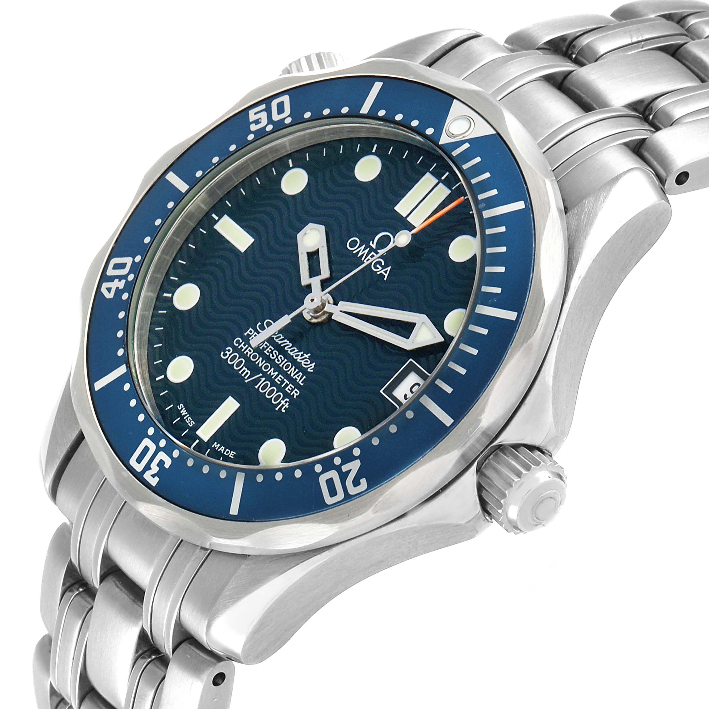 The Omega Seamaster 2551.80.00 Men's Stainless Steel Blue Dial watch is shown at an angle highlighting the bezel, dial, crown, and stainless steel bracelet.