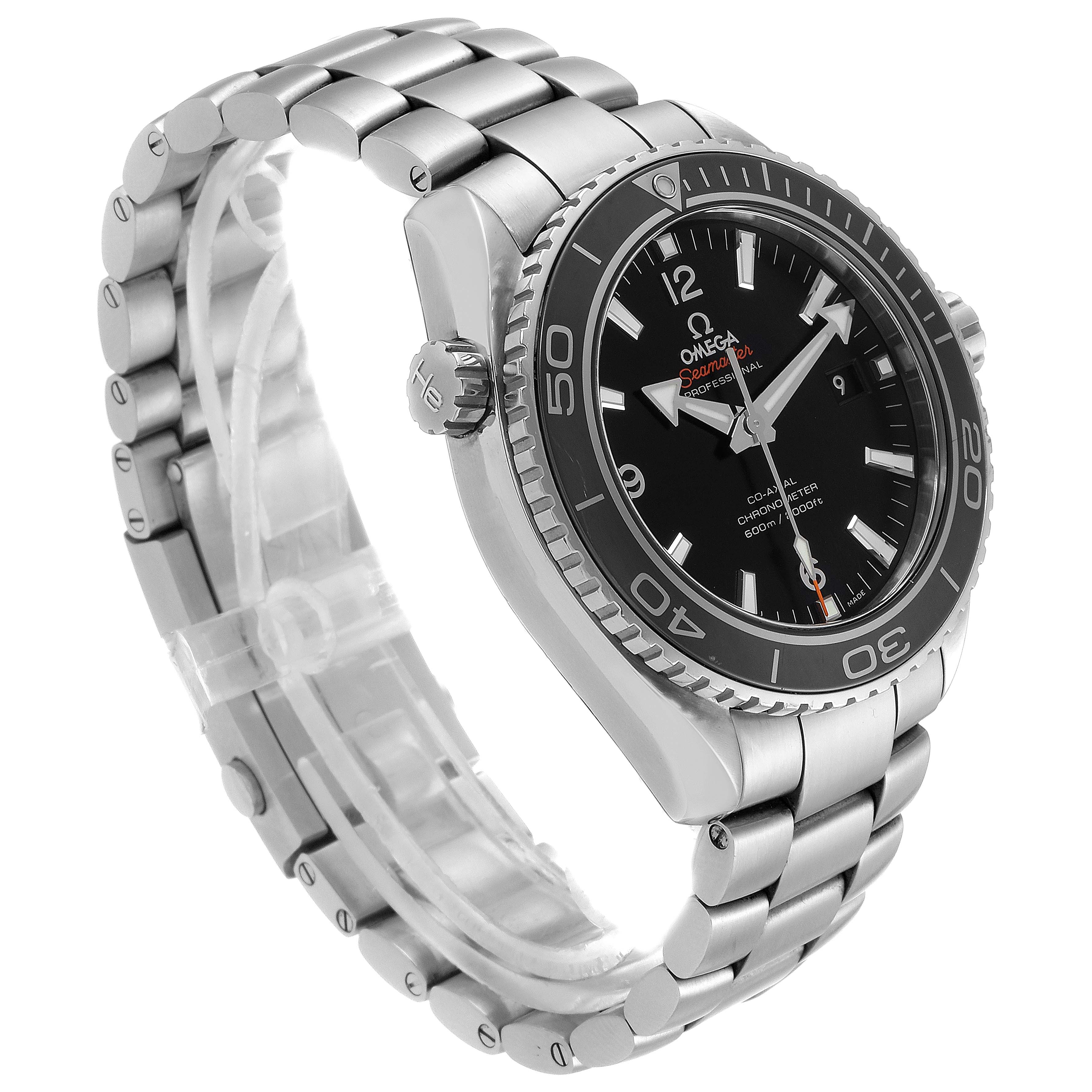 The Omega Planet Ocean 232.30.46.21.01.001 Men
s Stainless Steel Black Dial 232.30.46.21.01.001 Men
s Stainless Steel Black Dial watch is shown from a slight front-side angle, highlighting the bezel, dial, and stainless steel bracelet.