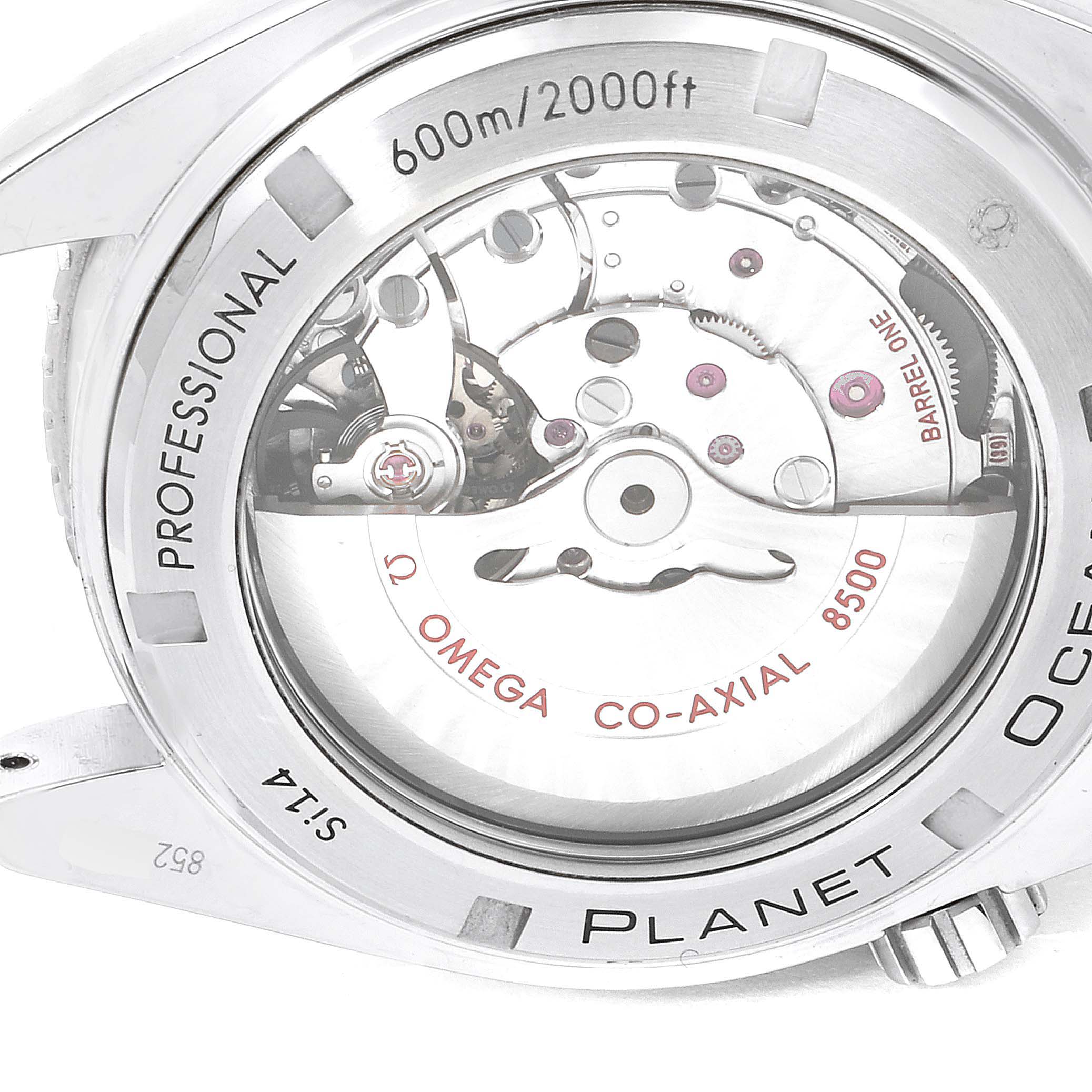 The image shows the back view of an Omega Planet Ocean 232.30.46.21.01.001 Men
s Stainless Steel Black Dial 232.30.46.21.01.001 Men
s Stainless Steel Black Dial watch, highlighting its co-axial mechanical movement.