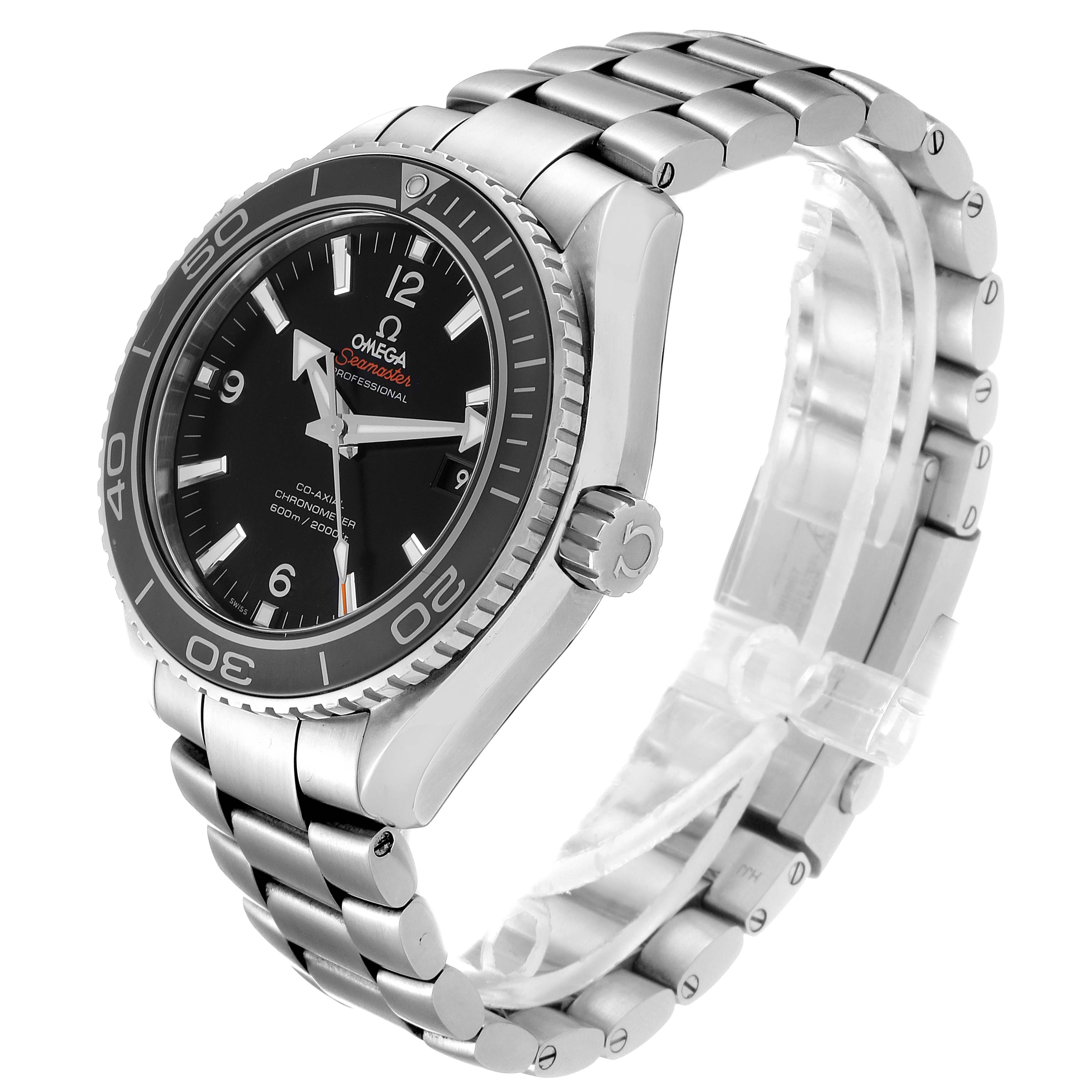 The image shows an Omega Planet Ocean 232.30.46.21.01.001 Men
s Stainless Steel Black Dial 232.30.46.21.01.001 Men
s Stainless Steel Black Dial watch at an angle displaying the face, crown, bezel, and stainless steel bracelet.