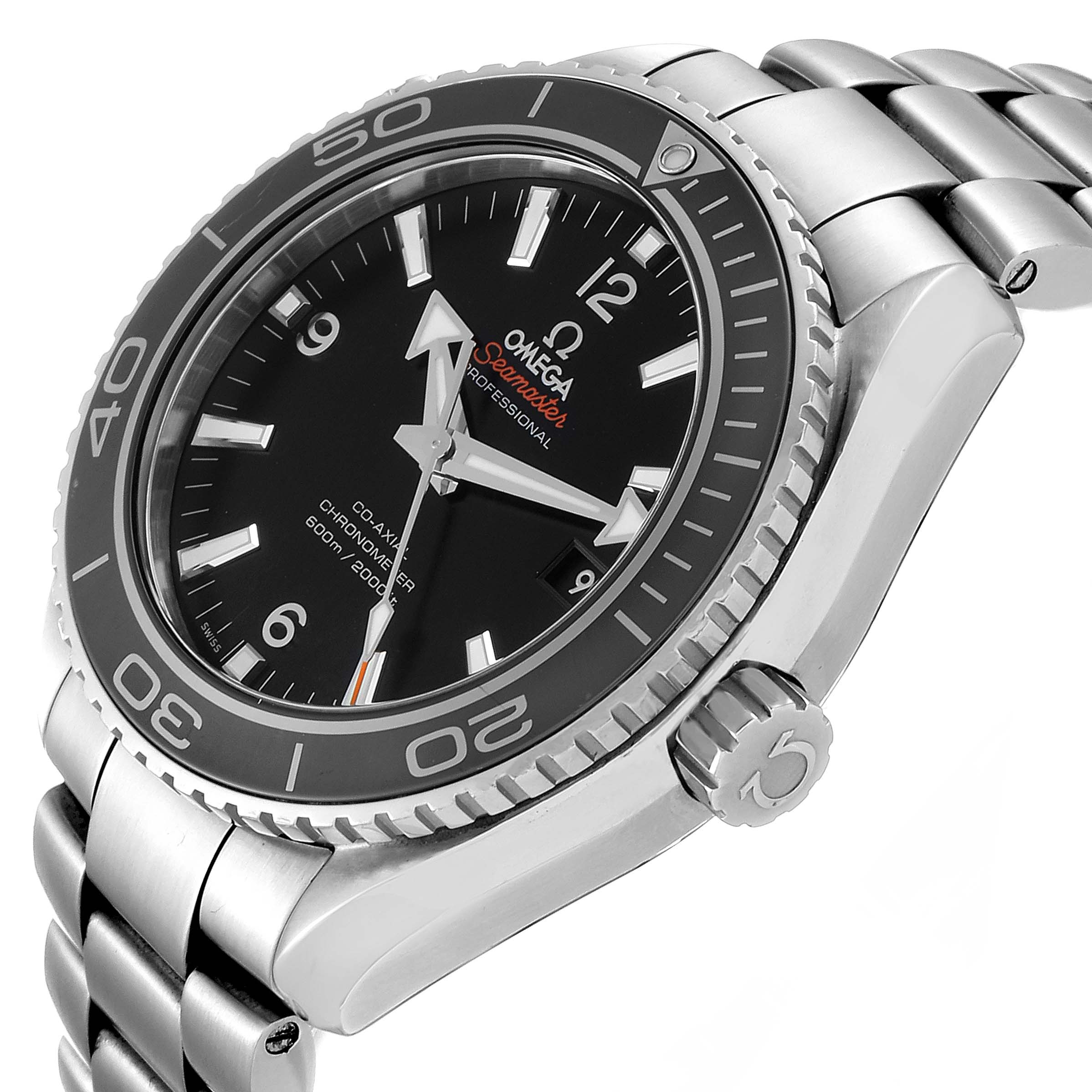 The Omega Planet Ocean 232.30.46.21.01.001 Men
s Stainless Steel Black Dial 232.30.46.21.01.001 Men
s Stainless Steel Black Dial watch is shown at an angle displaying the face, bezel, crown, and part of the bracelet.