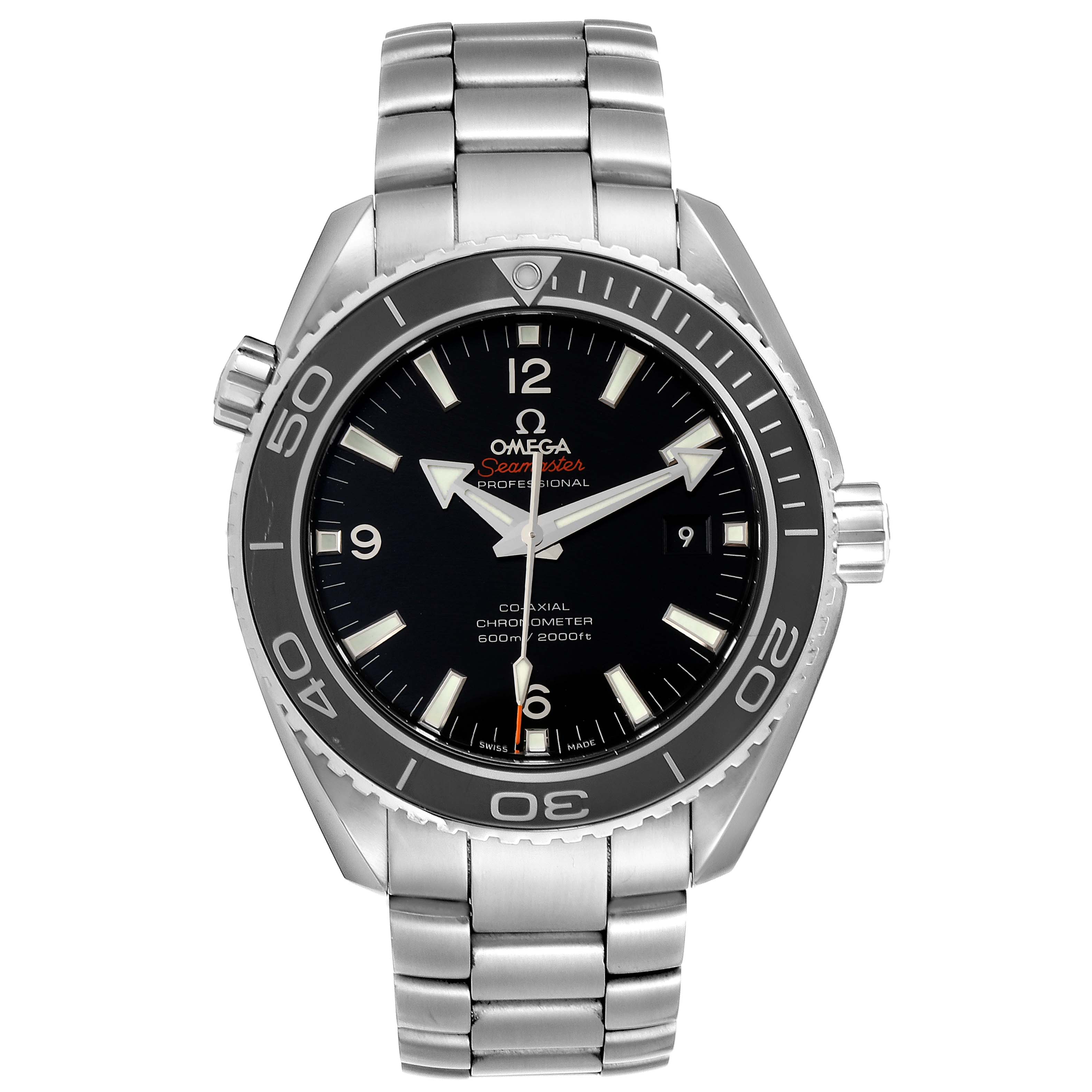 The image shows a frontal view of the Omega Planet Ocean 232.30.46.21.01.001 Men
s Stainless Steel Black Dial 232.30.46.21.01.001 Men
s Stainless Steel Black Dial watch, displaying the dial, bezel, and metal bracelet.