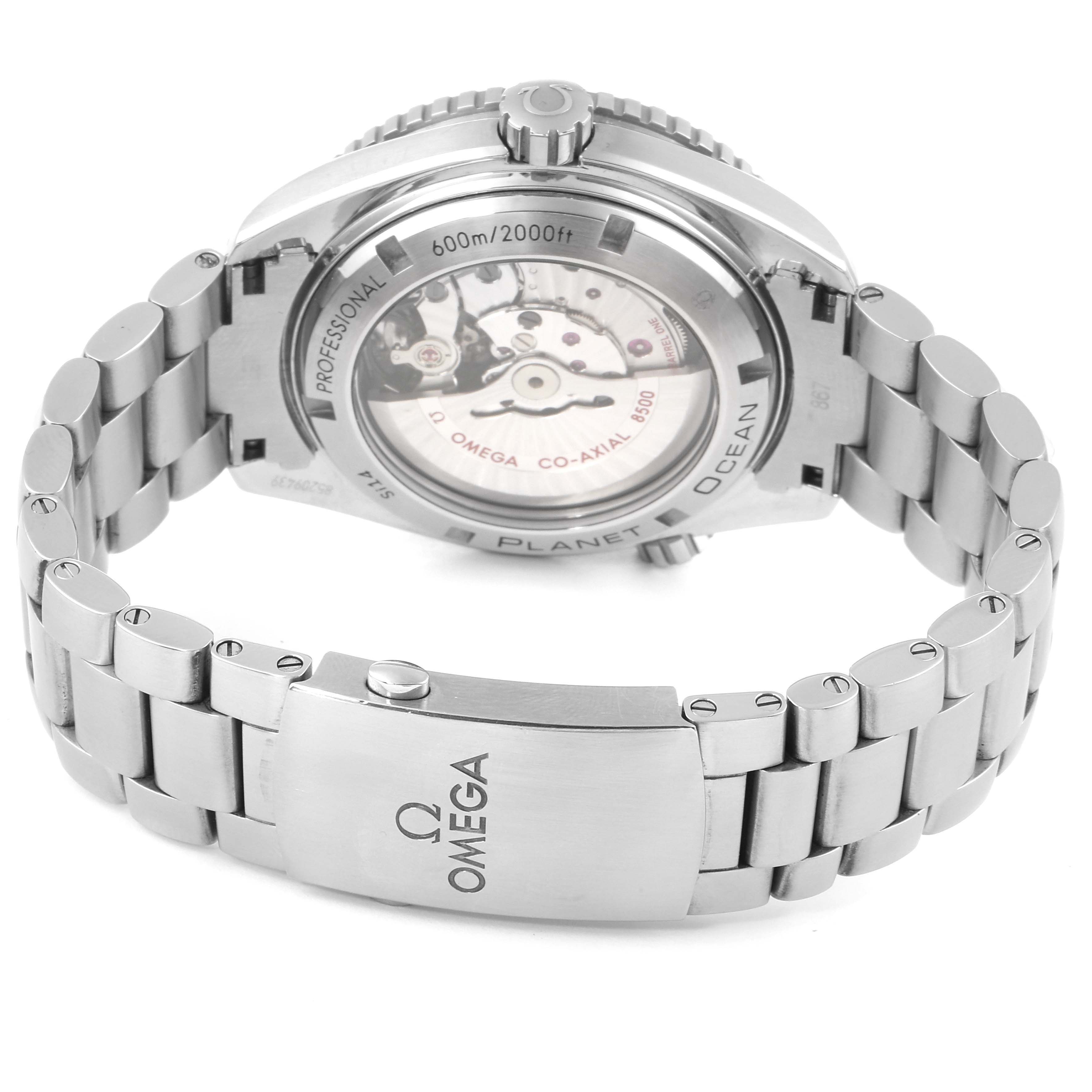 The image shows the back view of the Omega Planet Ocean 232.30.46.21.01.001 Men
s Stainless Steel Black Dial 232.30.46.21.01.001 Men
s Stainless Steel Black Dial watch, highlighting the case back and bracelet clasp.