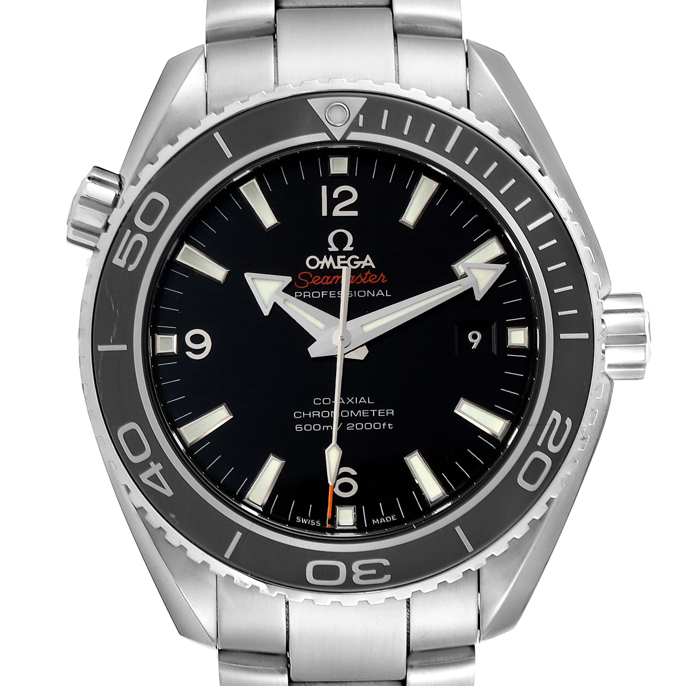 The image shows a front view of the Omega Planet Ocean 232.30.46.21.01.001 Men
s Stainless Steel Black Dial 232.30.46.21.01.001 Men
s Stainless Steel Black Dial model watch, highlighting the dial, bezel, and bracelet.