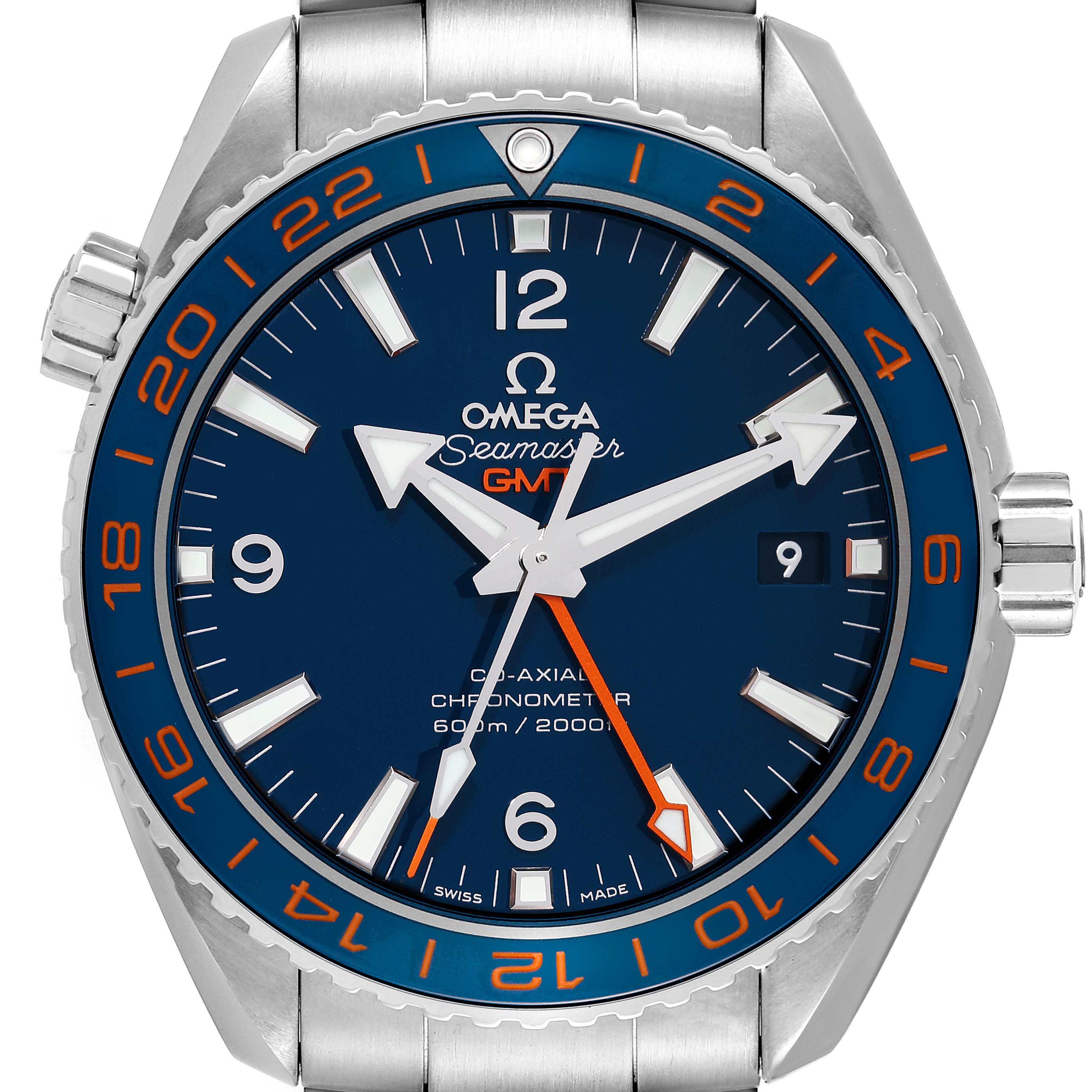 This image shows a front view of the Omega Seamaster Planet Ocean GMT watch, displaying the dial, hands, and part of the bezel and bracelet.