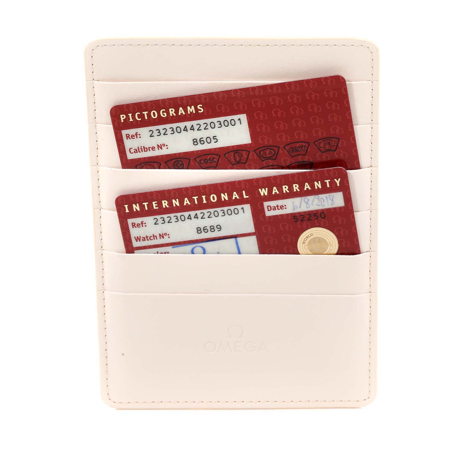 The image shows international warranty and pictogram cards for the Omega Planet Ocean 232.30.44.22.03.001 Men
s Stainless Steel Blue Dial 232.30.44.22.03.001 Men
s Stainless Steel Blue Dial model in a white cardholder.