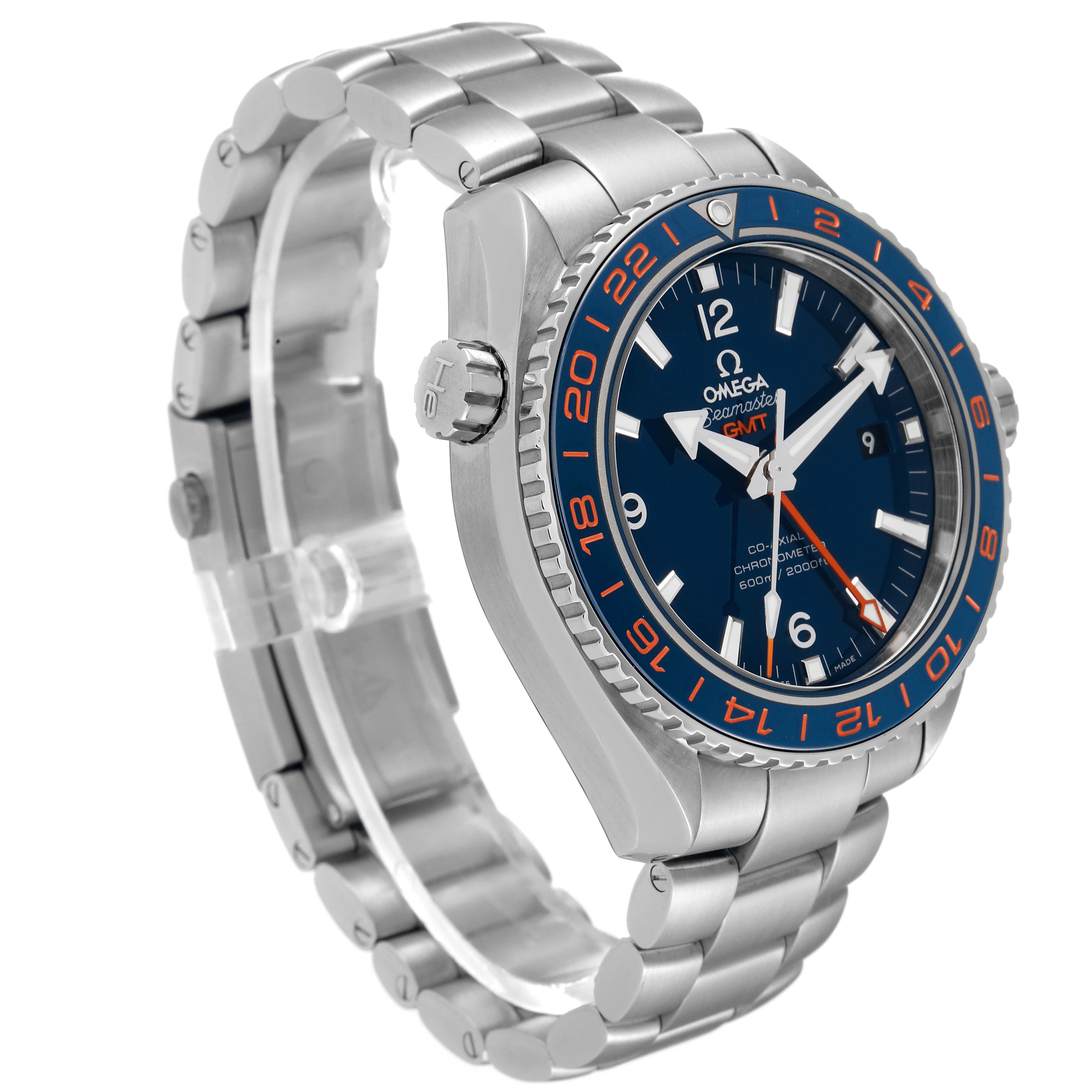 The image shows an Omega Planet Ocean 232.30.44.22.03.001 Men
s Stainless Steel Blue Dial 232.30.44.22.03.001 Men
s Stainless Steel Blue Dial watch at an angle highlighting its face, bezel, crown, and bracelet.