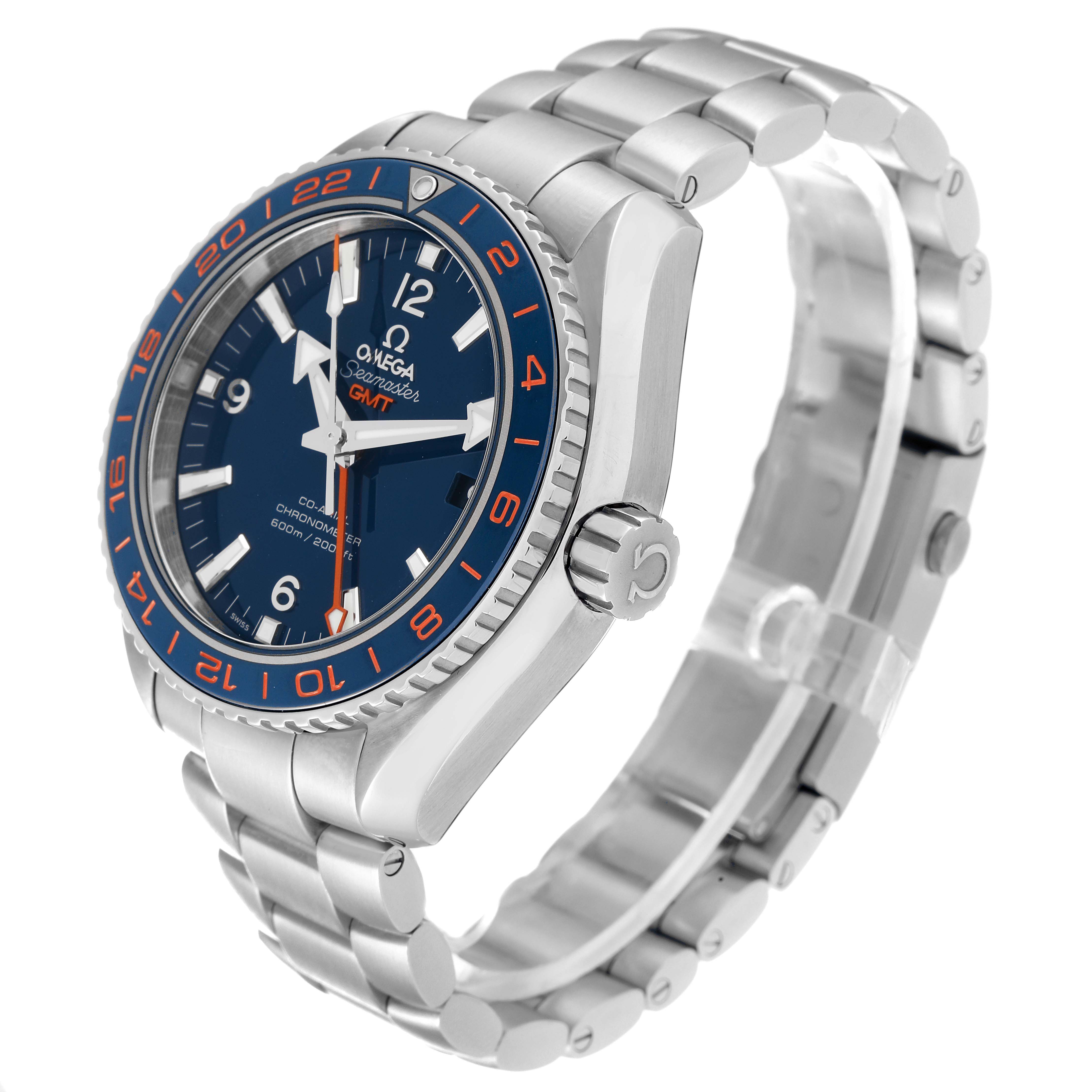 The image shows an Omega Planet Ocean 232.30.44.22.03.001 Men
s Stainless Steel Blue Dial 232.30.44.22.03.001 Men
s Stainless Steel Blue Dial watch angled to display the face, bezel, and bracelet.