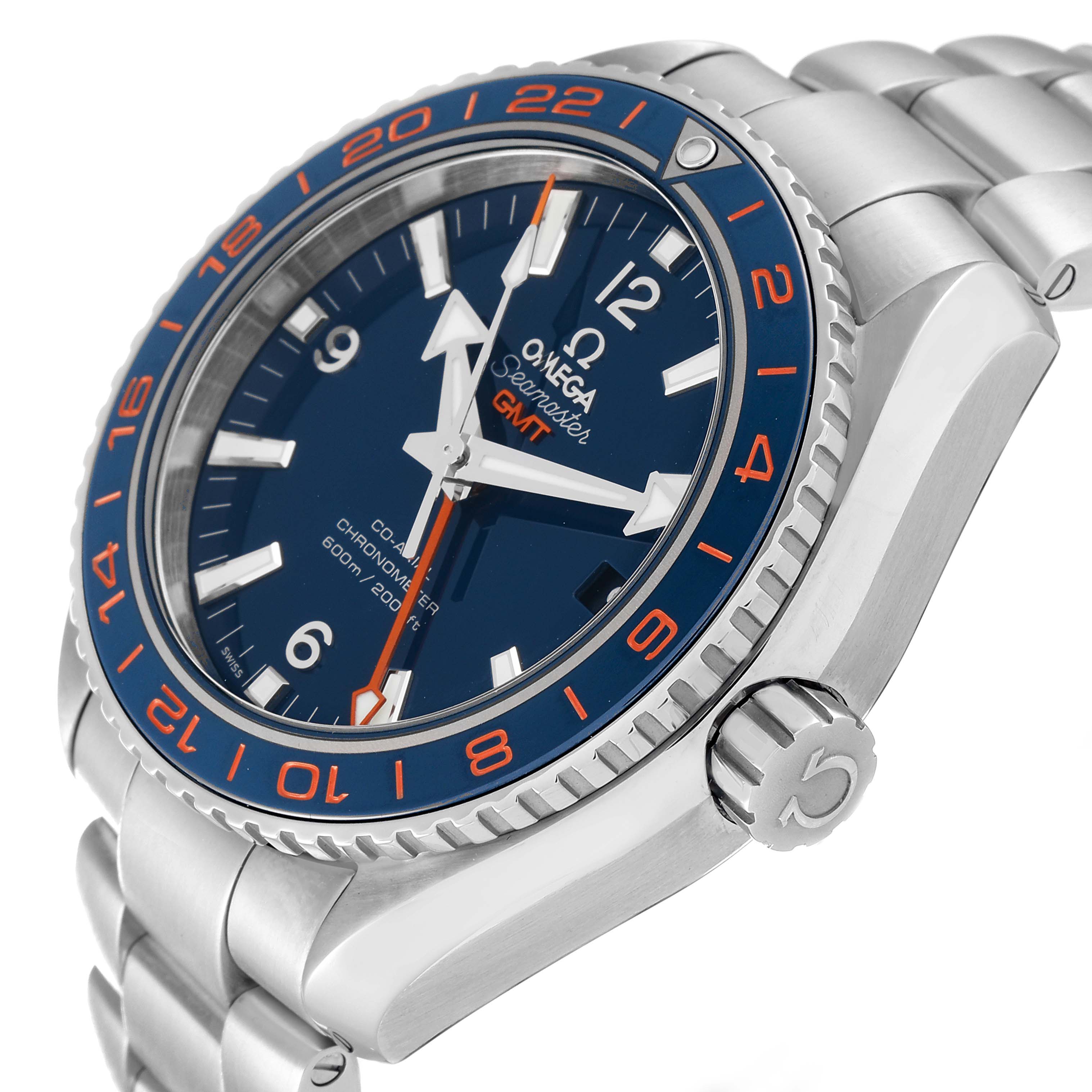 The image shows an angled view of an Omega Planet Ocean 232.30.44.22.03.001 Men
s Stainless Steel Blue Dial 232.30.44.22.03.001 Men
s Stainless Steel Blue Dial watch featuring the crown, bezel, dial, and part of the bracelet.