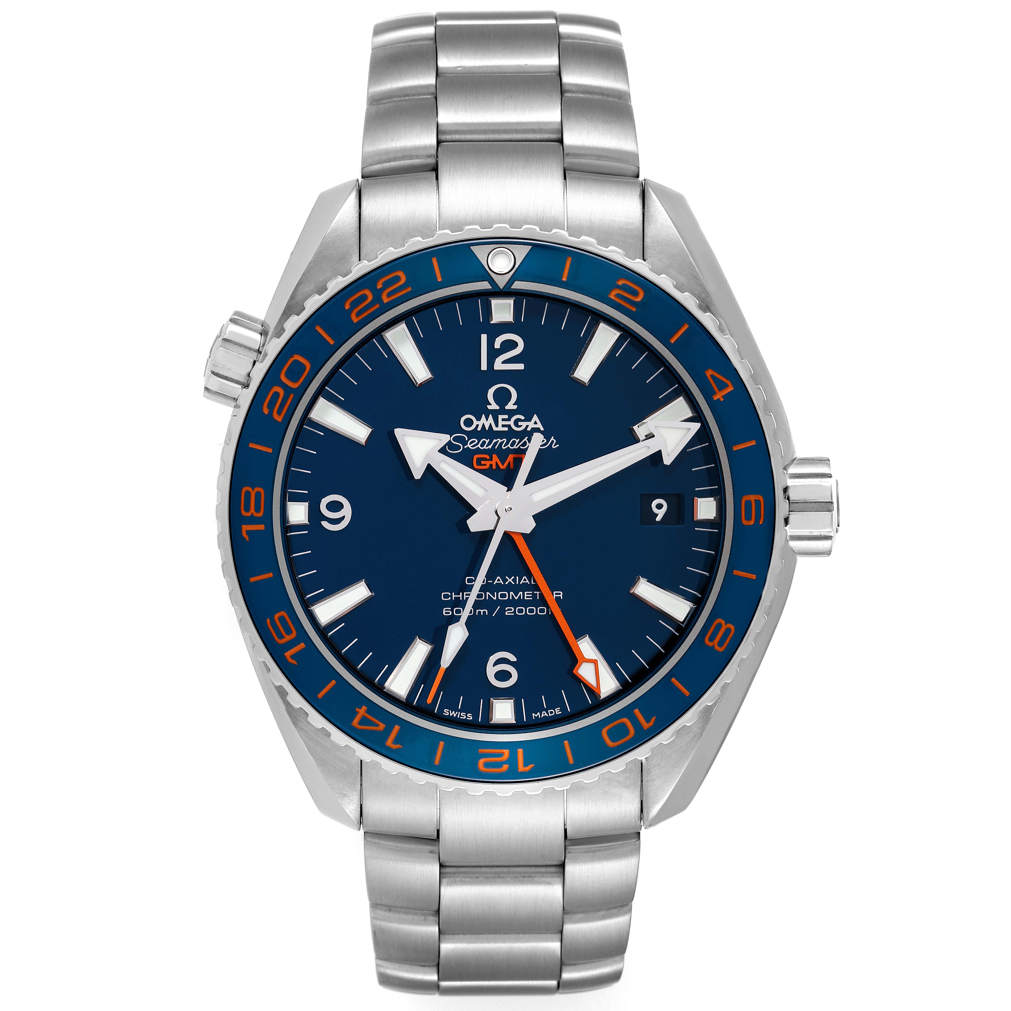 The image shows a frontal view of an Omega Planet Ocean 232.30.44.22.03.001 Men
s Stainless Steel Blue Dial 232.30.44.22.03.001 Men
s Stainless Steel Blue Dial watch with a blue dial and stainless steel bracelet.