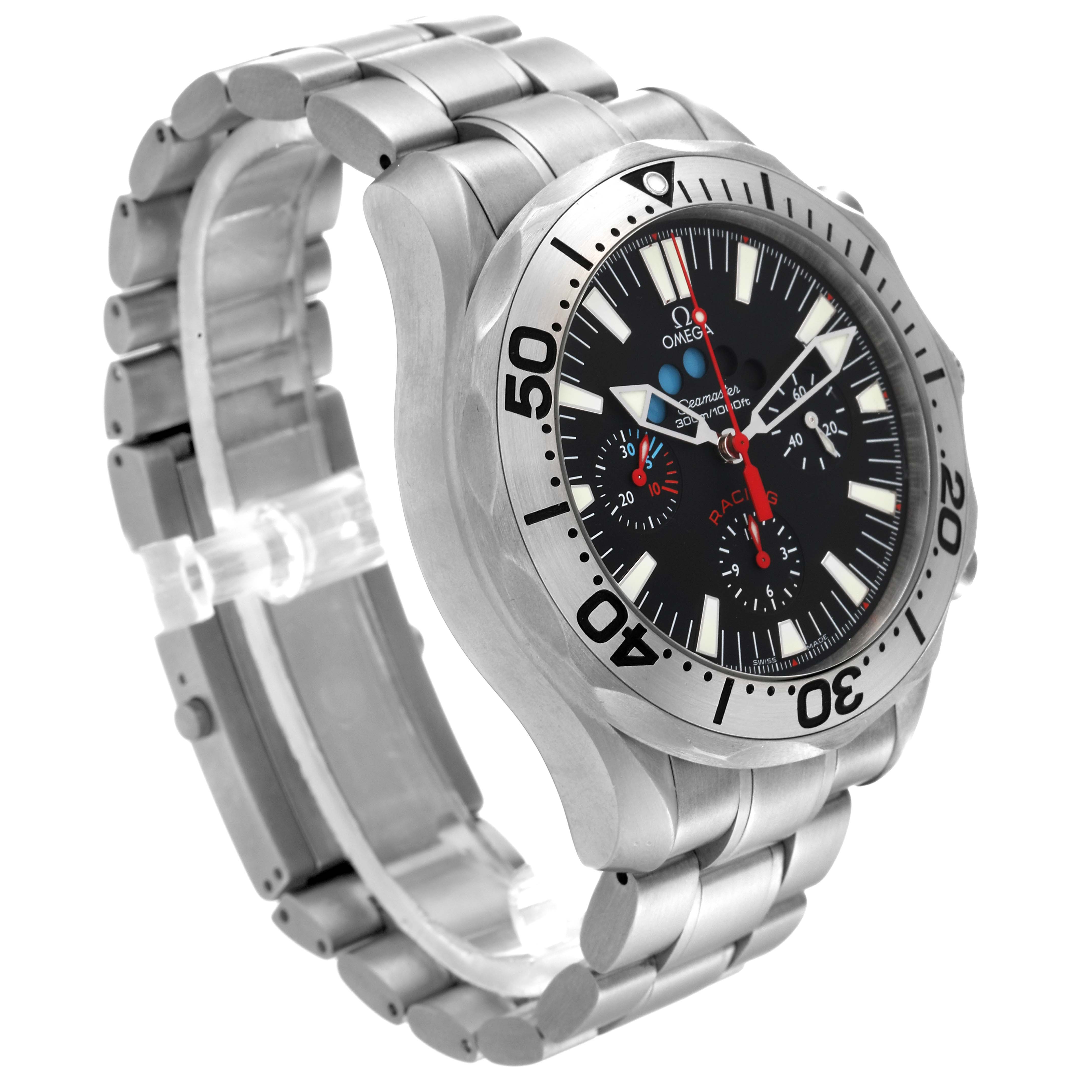 This Omega Seamaster 2269.52.00 Men's Titanium Black Dial 2269.52.00 Men's Titanium Black Dial watch is shown from an angled side view, highlighting the face, bezel, and stainless steel bracelet.