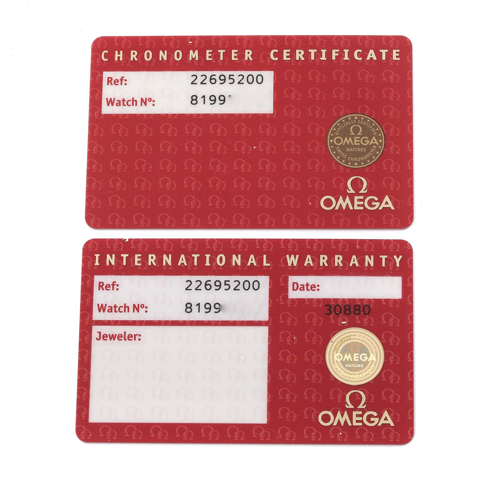 The image shows the chronometer certificate and international warranty cards for the Omega Seamaster 2269.52.00 Men's Titanium Black Dial 2269.52.00 Men's Titanium Black Dial watch.