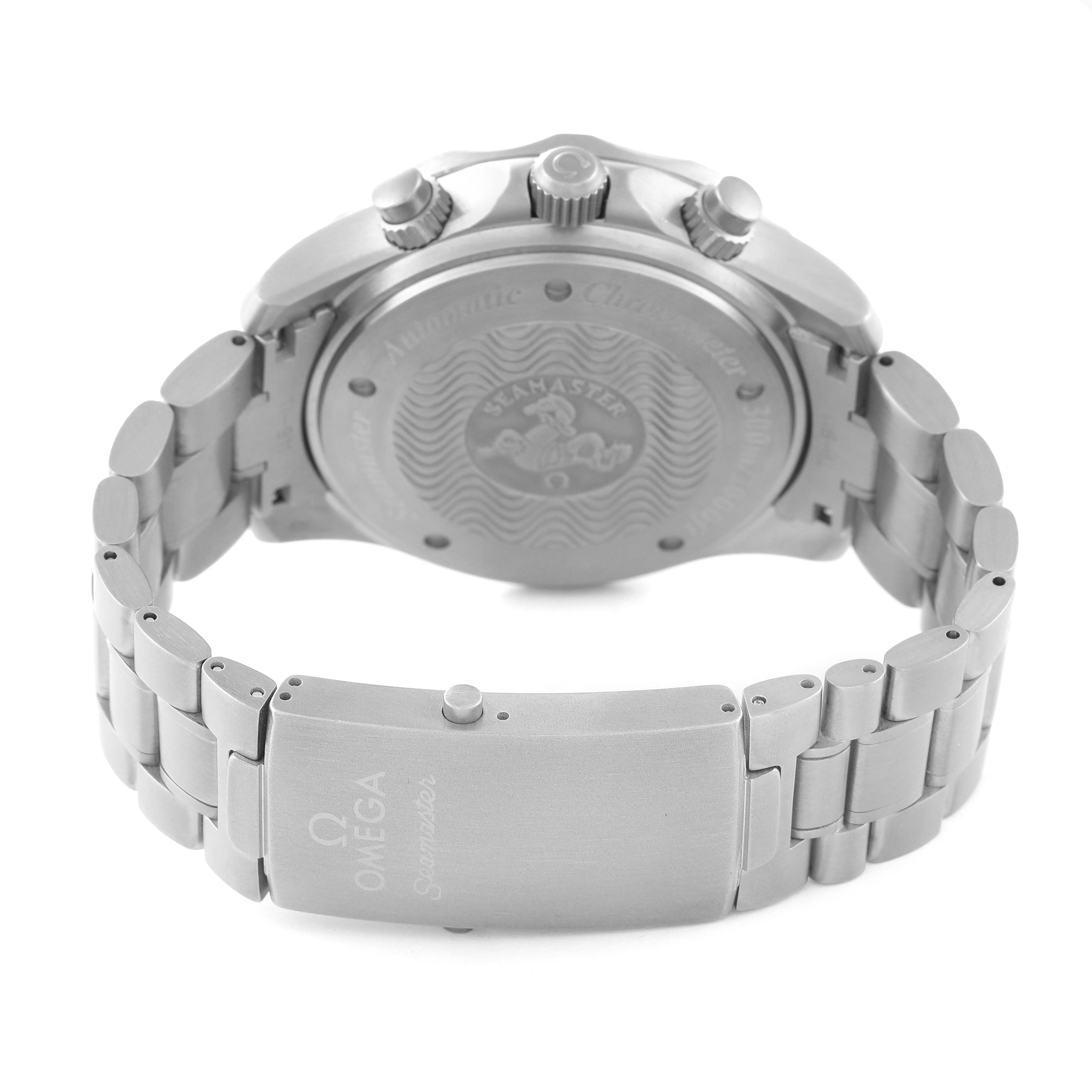 This image shows the back view of an Omega Seamaster 2269.52.00 Men's Titanium Black Dial 2269.52.00 Men's Titanium Black Dial watch, highlighting the bracelet and clasp.