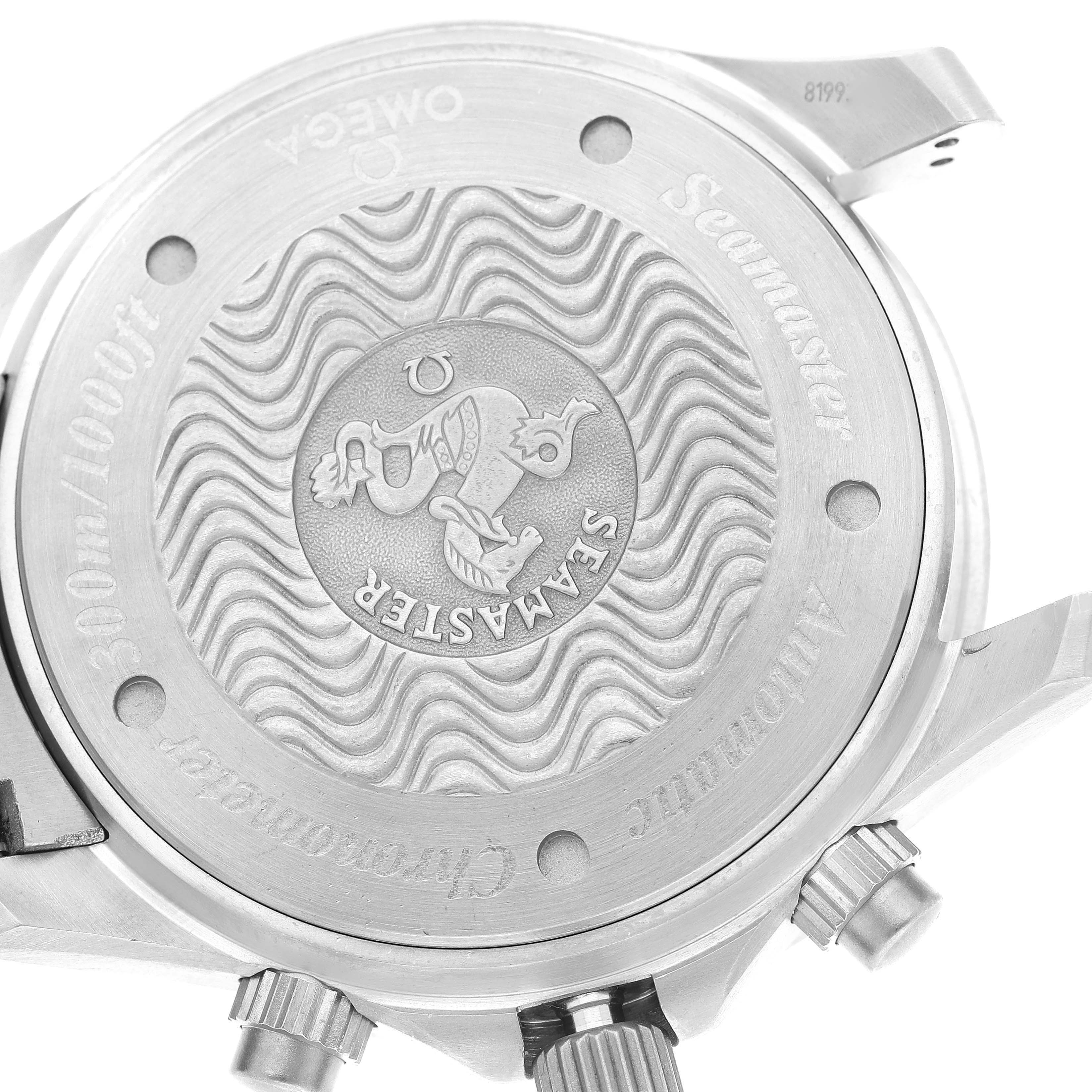 The image shows the back case of an Omega Seamaster 2269.52.00 Men's Titanium Black Dial 2269.52.00 Men's Titanium Black Dial watch, highlighting its wave-patterned design and engraved details.