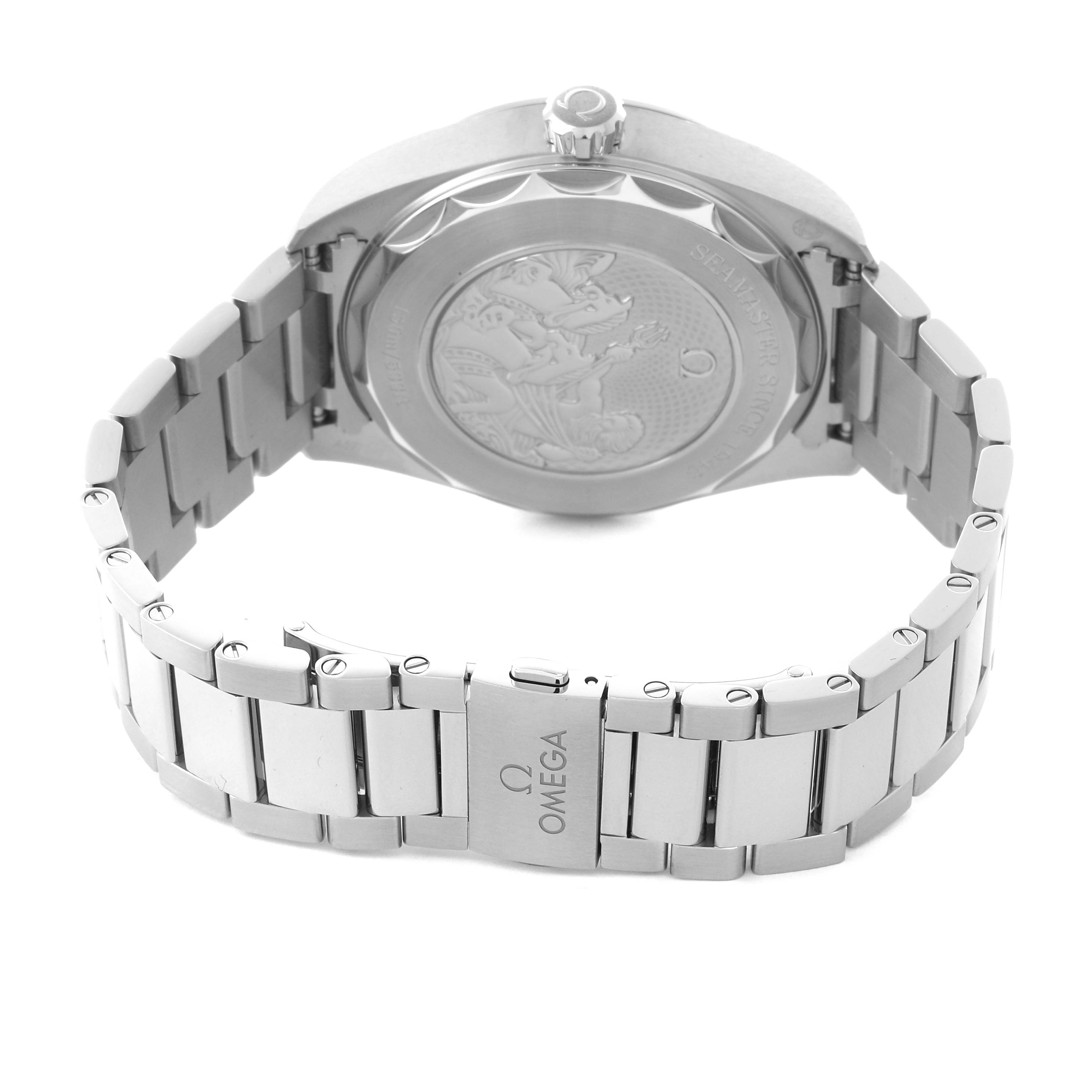 The image shows the back of the Omega Seamaster 220.10.43.22.03.002 Men
s Stainless Steel Blue Dial 220.10.43.22.03.002 Men
s Stainless Steel Blue Dial watch, highlighting the case back and bracelet with the Omega logo.