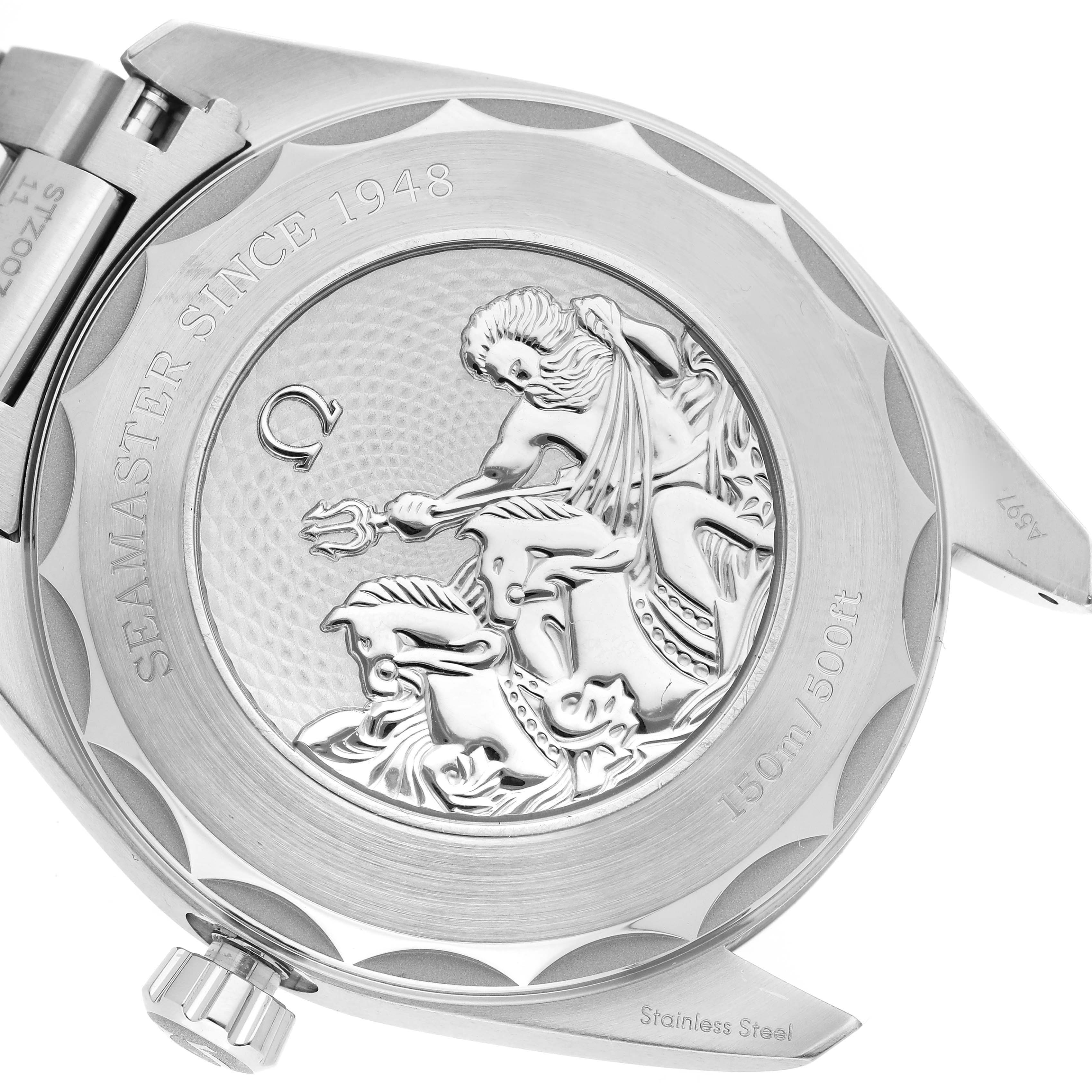 The image shows the back of the Omega Seamaster 220.10.43.22.03.002 Men
s Stainless Steel Blue Dial 220.10.43.22.03.002 Men
s Stainless Steel Blue Dial, highlighting the engraved design and text on the case back.