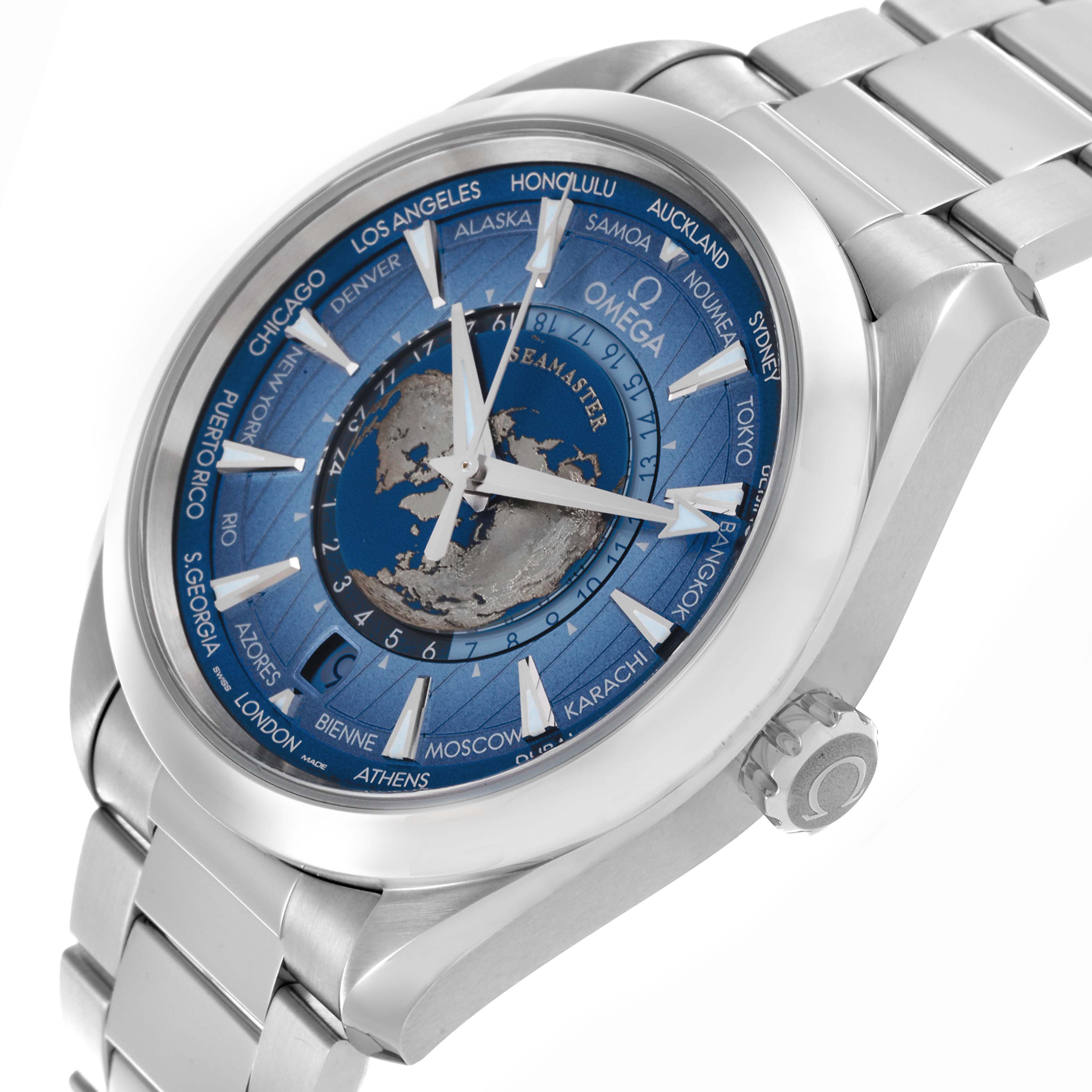 The Omega Seamaster 220.10.43.22.03.002 Men
s Stainless Steel Blue Dial 220.10.43.22.03.002 Men
s Stainless Steel Blue Dial watch is angled to show the face, bezel, crown, and part of the bracelet.