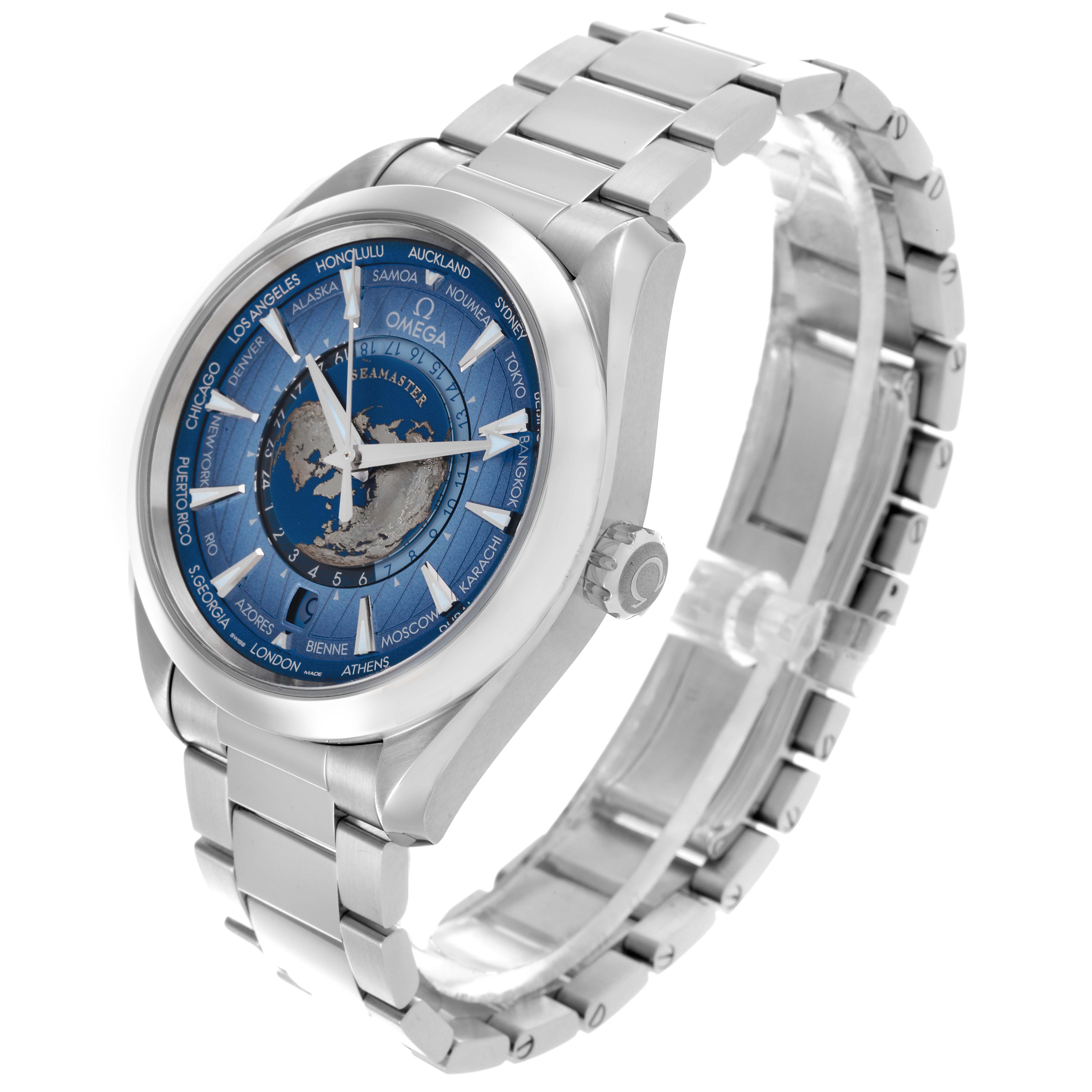 The Omega Seamaster 220.10.43.22.03.002 Men
s Stainless Steel Blue Dial 220.10.43.22.03.002 Men
s Stainless Steel Blue Dial watch is shown from a side angle, highlighting its face, bezel, crown, and bracelet.