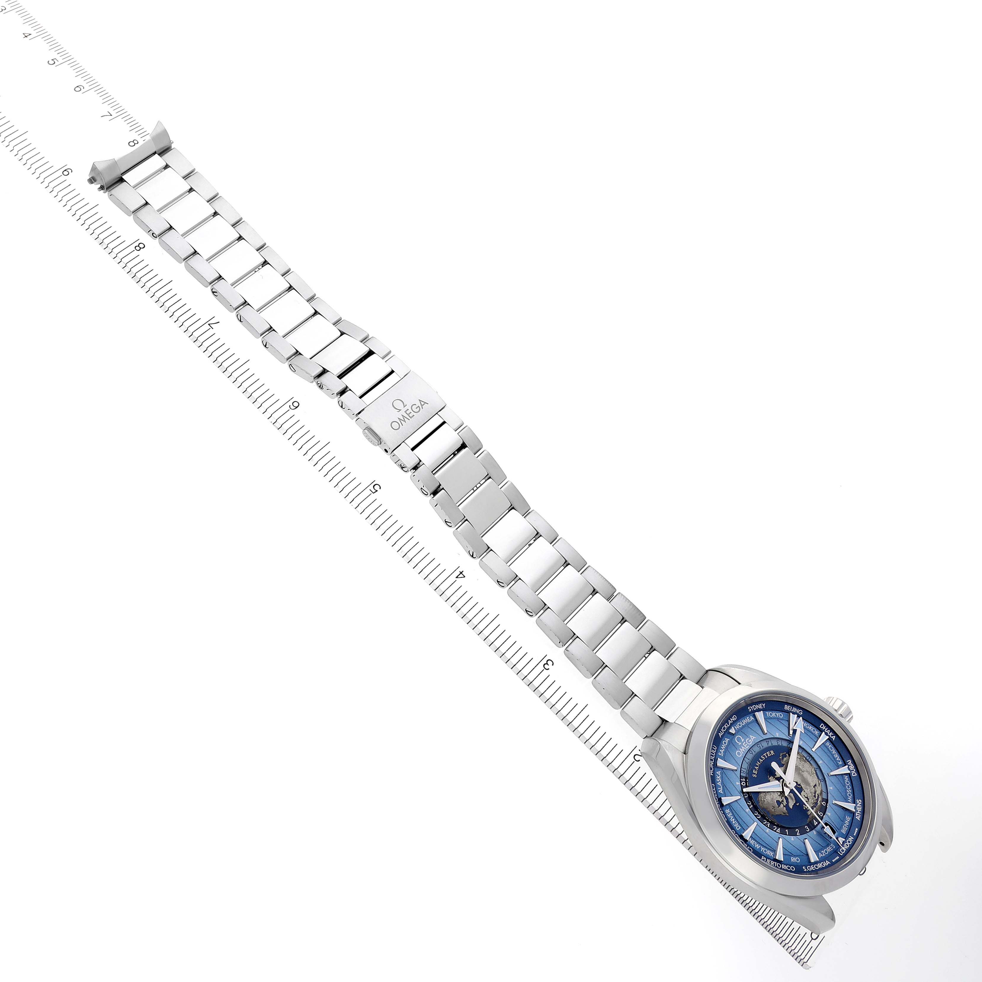 The Omega Seamaster 220.10.43.22.03.002 Men
s Stainless Steel Blue Dial 220.10.43.22.03.002 Men
s Stainless Steel Blue Dial watch is shown at an angled top view, displaying its blue dial and stainless steel bracelet with a clasp.