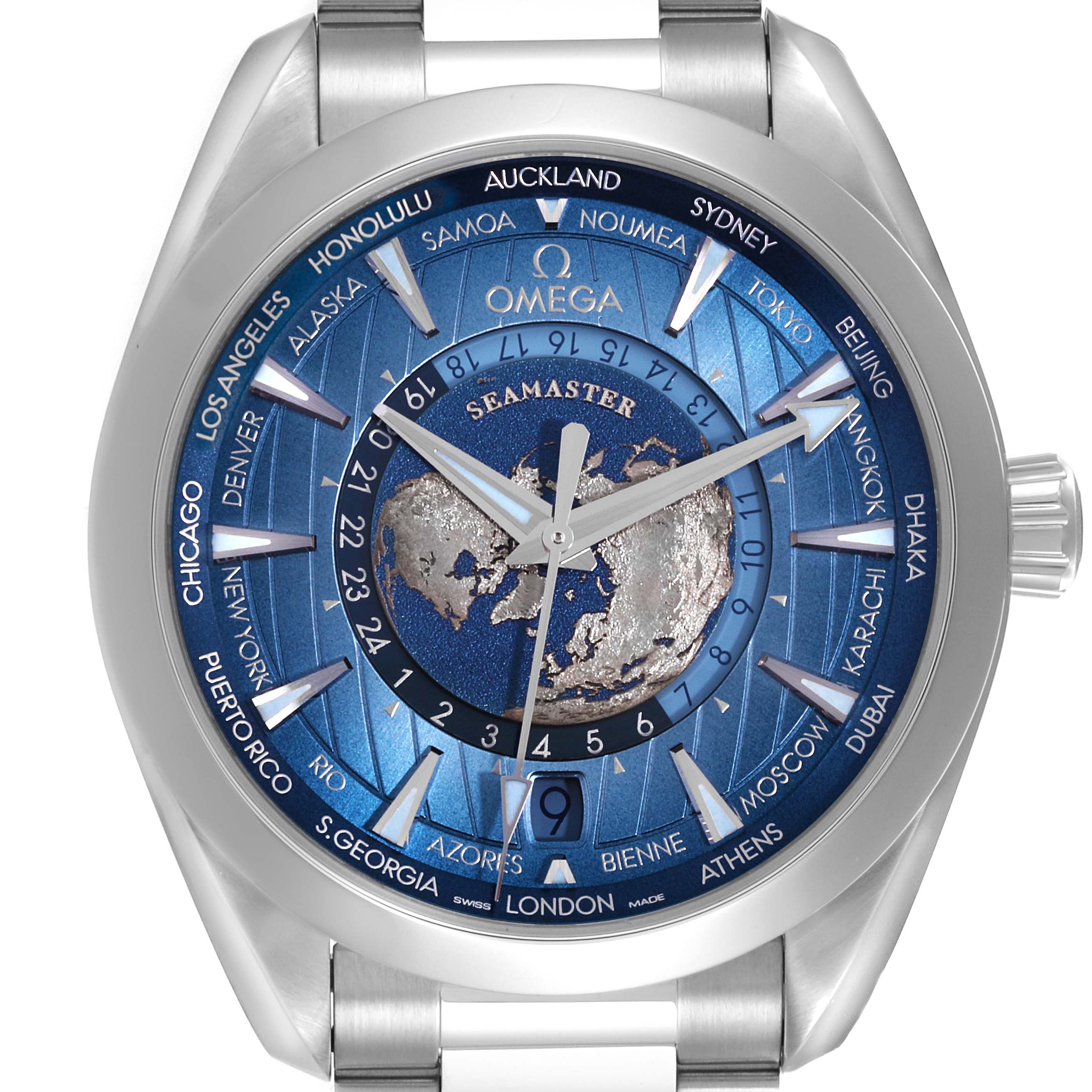 The Omega Seamaster 220.10.43.22.03.002 Men
s Stainless Steel Blue Dial 220.10.43.22.03.002 Men
s Stainless Steel Blue Dial watch is shown from the front, displaying the dial, bezel, and a portion of the metal bracelet.