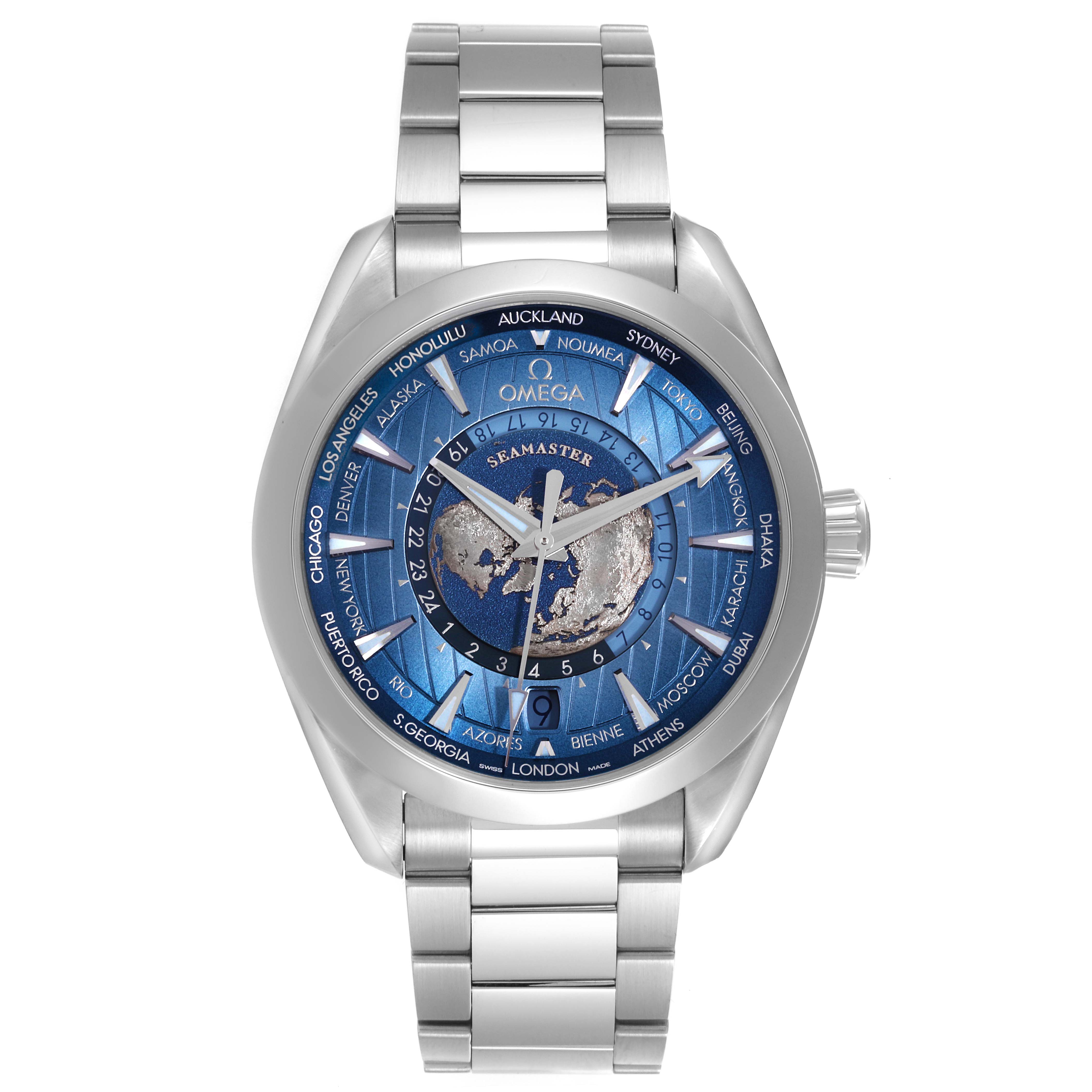 The Omega Seamaster 220.10.43.22.03.002 Men
s Stainless Steel Blue Dial 220.10.43.22.03.002 Men
s Stainless Steel Blue Dial watch is shown from a front angle, displaying the dial, bezel, and stainless steel bracelet.