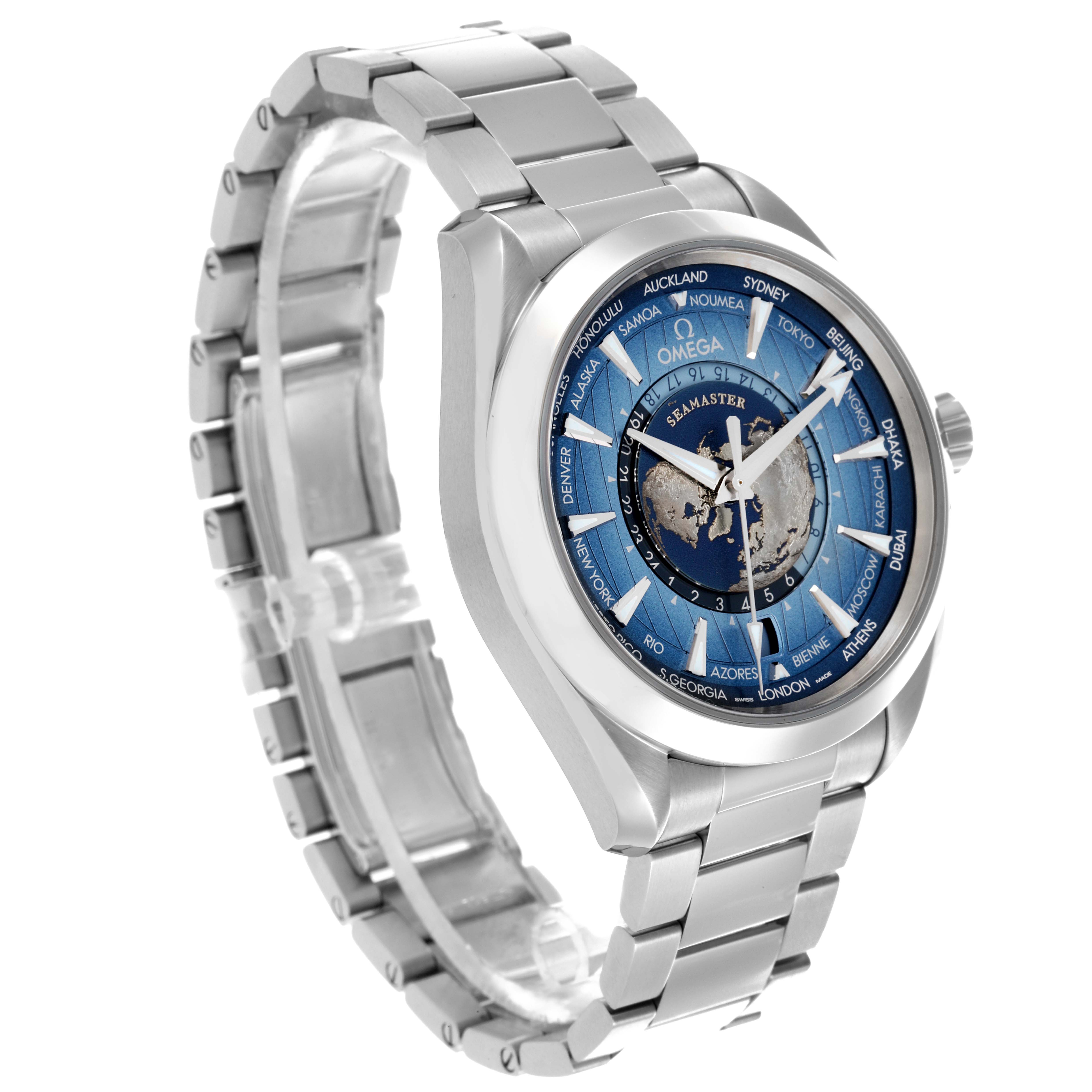 The Omega Seamaster 220.10.43.22.03.002 Men
s Stainless Steel Blue Dial 220.10.43.22.03.002 Men
s Stainless Steel Blue Dial watch is shown from a three-quarter angle, highlighting the blue dial and stainless steel bracelet.