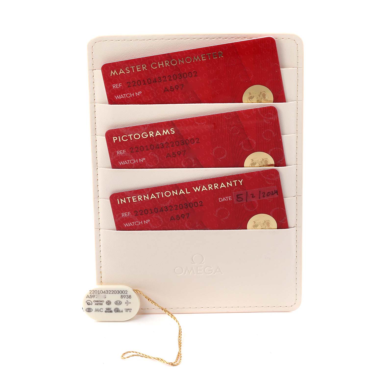 The image shows Omega Seamaster 220.10.43.22.03.002 Men
s Stainless Steel Blue Dial 220.10.43.22.03.002 Men
s Stainless Steel Blue Dial model cards, including a Master Chronometer, Pictograms, and International Warranty in a leather holder.