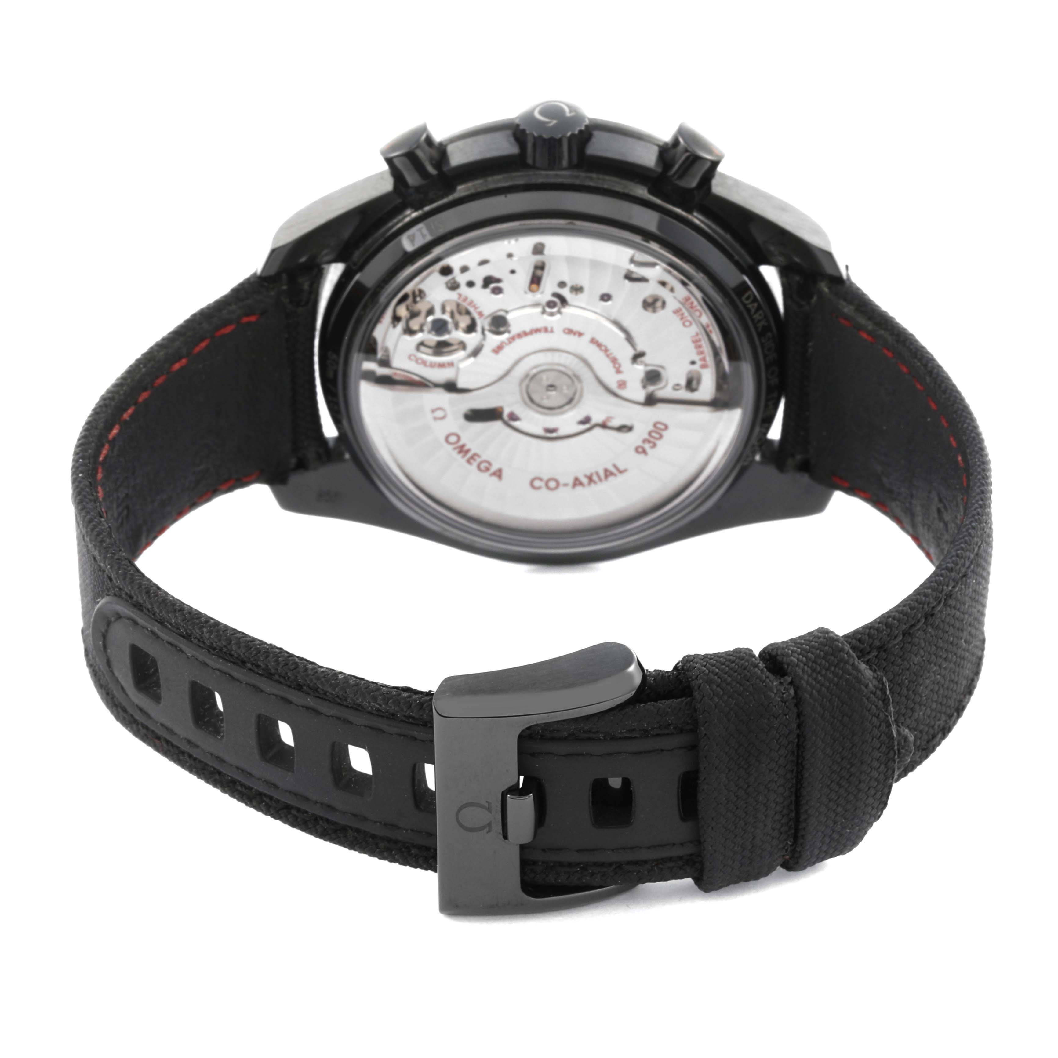 The image shows the back view of an Omega Speedmaster 311.92.44.51.01.003 Men's Ceramic Black Dial 311.92.44.51.01.003 Men's Ceramic Black Dial, highlighting its transparent case back and strap.