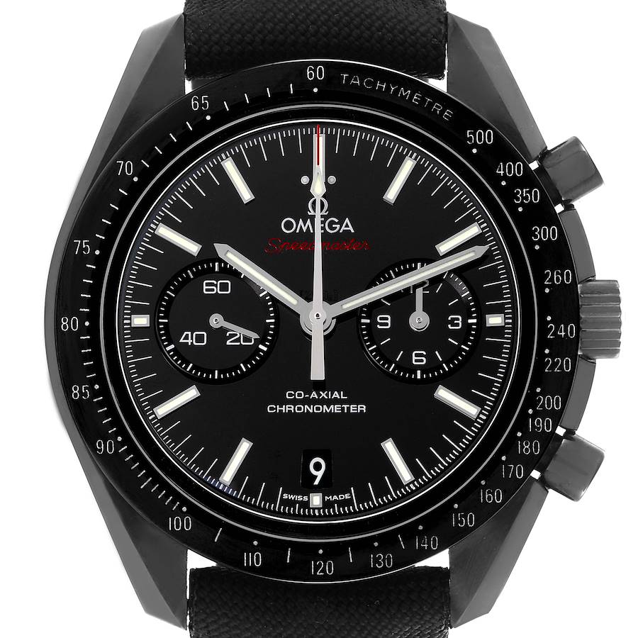 The Omega Speedmaster watch is shown from a frontal angle, displaying the dial, bezel, and pushers clearly.