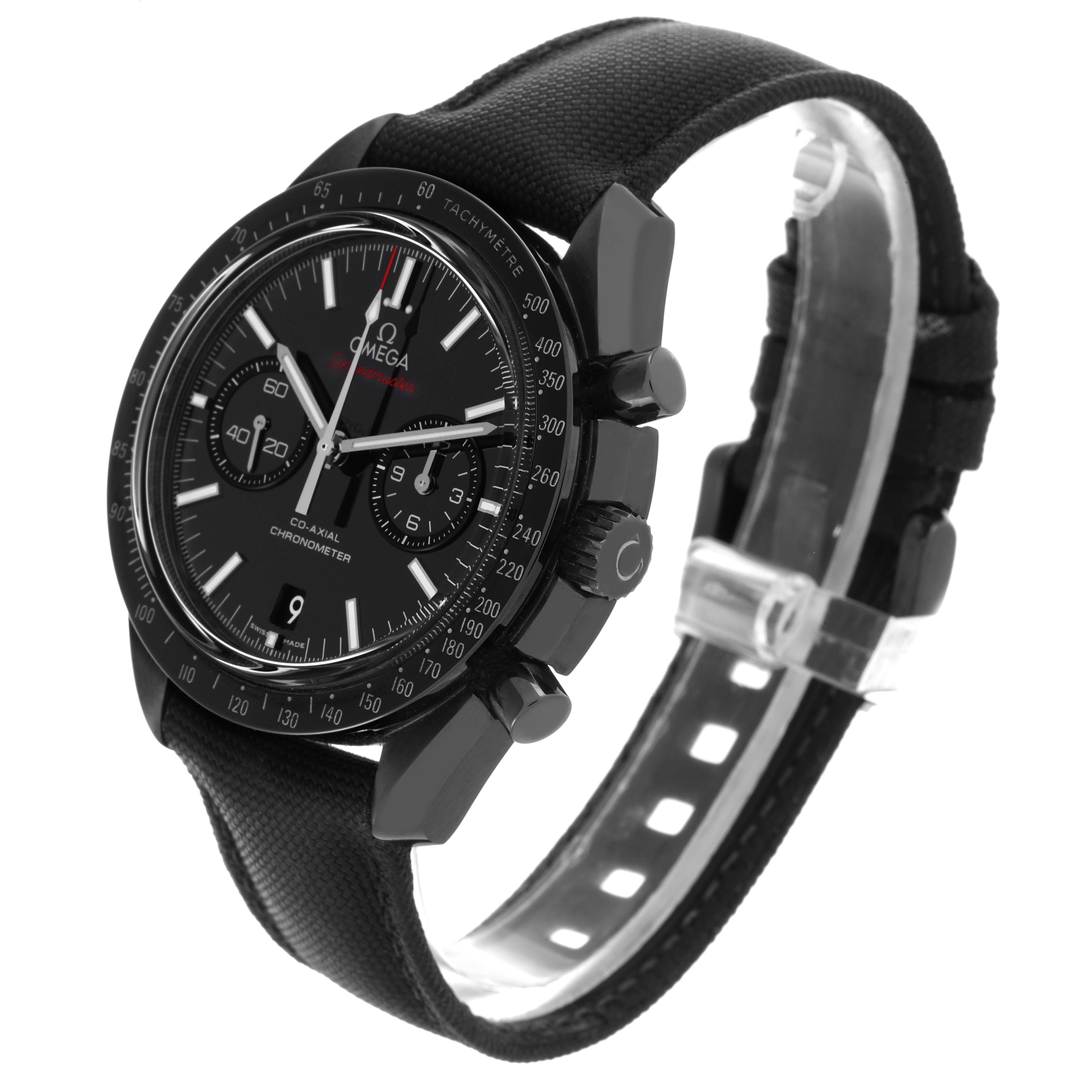 The Omega Speedmaster 311.92.44.51.01.003 Men's Ceramic Black Dial 311.92.44.51.01.003 Men's Ceramic Black Dial watch is shown at a three-quarter angle, displaying the face, bezel, crown, and pushers.