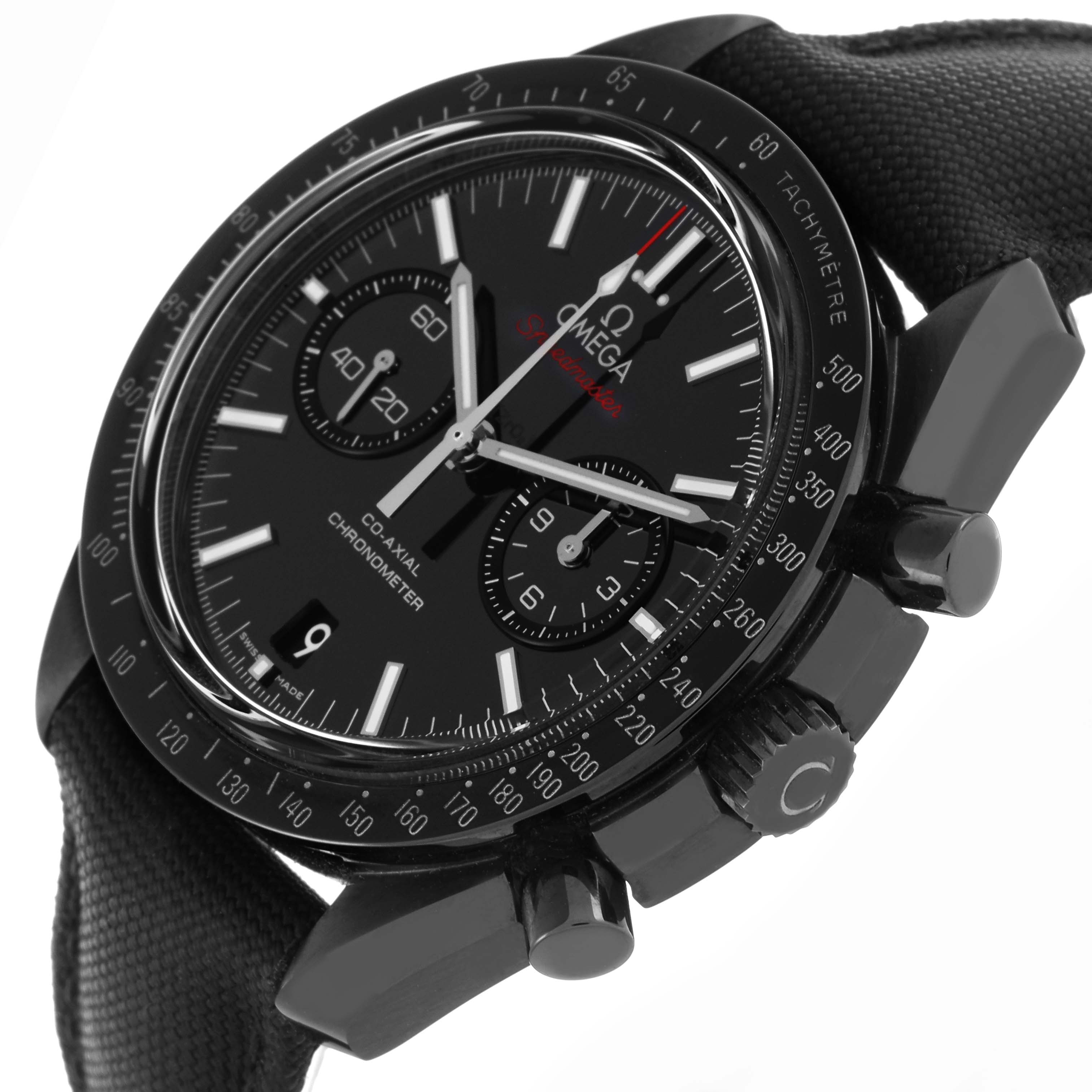 The Omega Speedmaster 311.92.44.51.01.003 Men's Ceramic Black Dial 311.92.44.51.01.003 Men's Ceramic Black Dial watch is shown at a side angle, highlighting the dial, bezel, pushers, and crown.