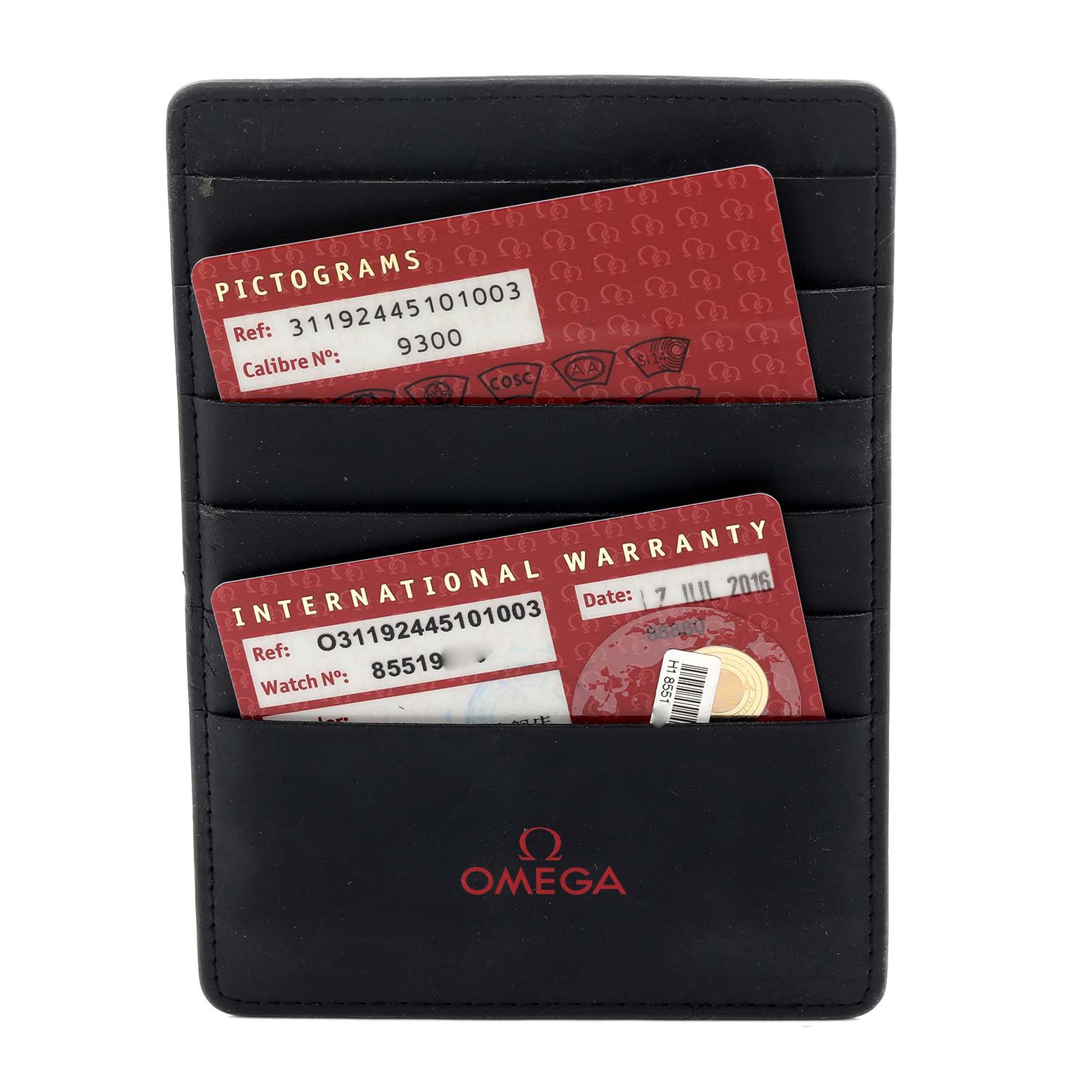 The image shows Omega Speedmaster 311.92.44.51.01.003 Men's Ceramic Black Dial 311.92.44.51.01.003 Men's Ceramic Black Dial cards in a black holder, viewed from the front.