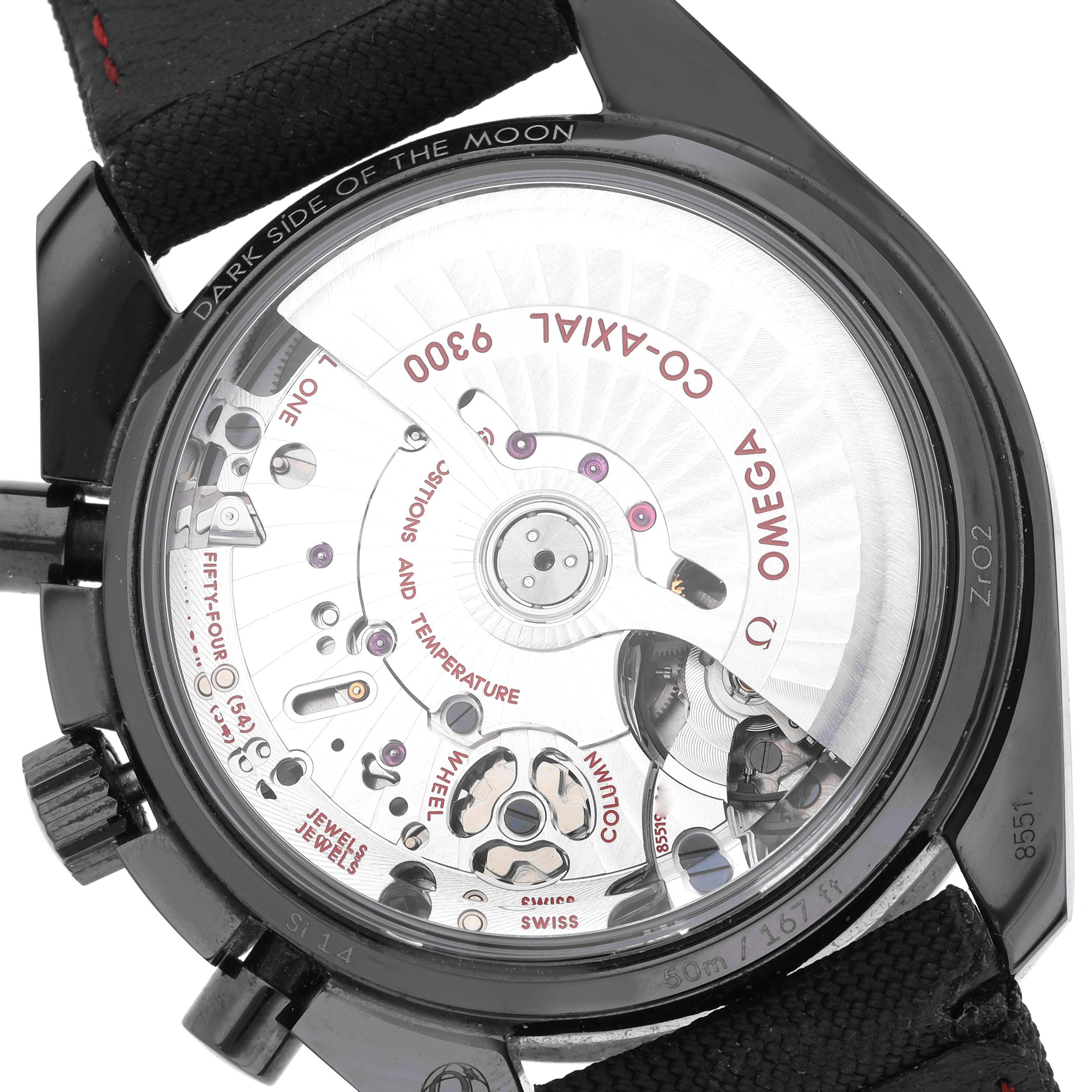 The Omega Speedmaster 311.92.44.51.01.003 Men's Ceramic Black Dial 311.92.44.51.01.003 Men's Ceramic Black Dial is shown from the back, highlighting the Co-Axial 9300 movement and internal mechanics.